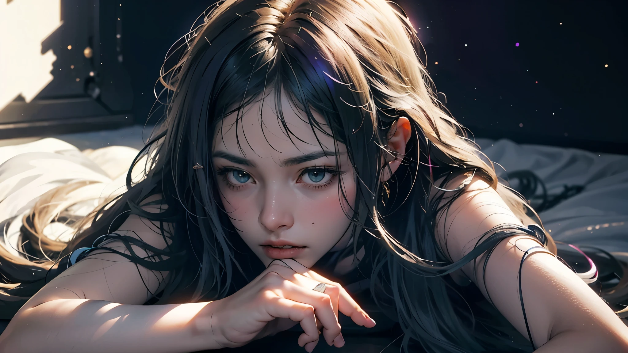 Silhouette image of a woman kneeling on the floor facing you, with long flowing hair that appears to be moved by a light breeze. Your hands are pressed against your ears, conveying a feeling of anguish or isolation due to the shadow screaming in your ear. There is a shadow swirling around the woman. The background is of a city in ruins under the starry moonlight, dramatically highlighting the contours of the Fenine figure. There is a shadow of stardust around the girl that seems to want to swallow her. The image has an illustration style and a bit of anime. The color palette of the image is a mix of neon green and purple, and other colors.