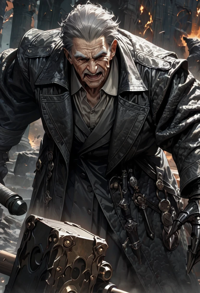 ((UHD, masterpiece, anatomically correct, textured skin, super detail, high details, best quality, highres icon, Detailed and precise manual expression:1.3,  Incredibly Absurd )), 1old man,  an elderly man, Strong build, black trench coat, Iron plate boots, Gray hair standing on end, Fierce face,  Thick Willed Eyebrows ,  Holds a Giant Hammer,  Dynamic Touch 