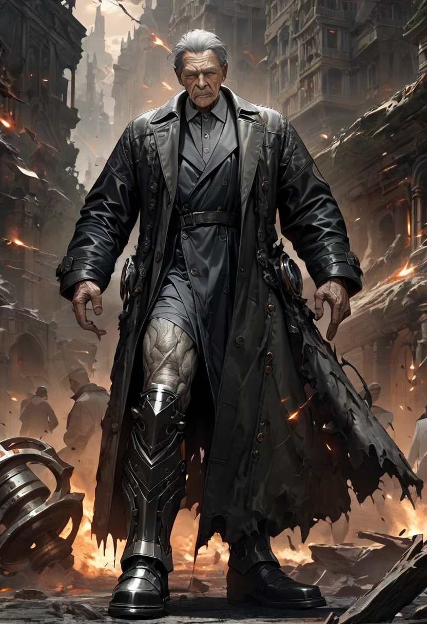 ((UHD, masterpiece, anatomically correct, textured skin, super detail, high details, best quality, highres icon, Detailed and precise manual expression:1.3,  Incredibly Absurd )), 1old man,  an elderly man, Strong build, black trench coat, Iron plate boots, Gray hair standing on end, Fierce face,  Thick Willed Eyebrows ,  Holds a Giant Hammer,  Dynamic Touch 