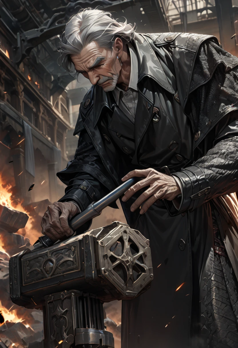 ((UHD, masterpiece, anatomically correct, textured skin, super detail, high details, best quality, highres icon, Detailed and precise manual expression:1.3,  Incredibly Absurd )), 1old man,  an elderly man, Strong build, black trench coat, Iron plate boots, Gray hair standing on end, Fierce face,  Thick Willed Eyebrows ,  Holds a Giant Hammer,  Dynamic Touch 