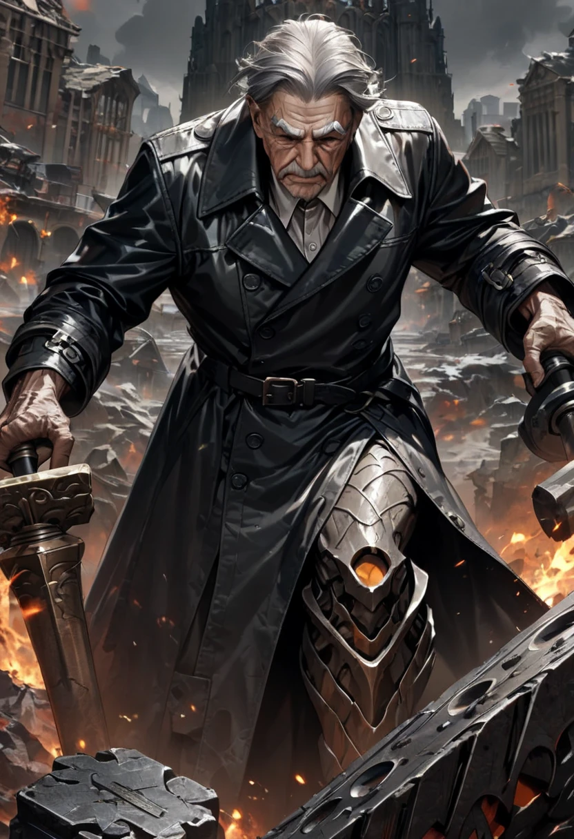 ((UHD, masterpiece, anatomically correct, textured skin, super detail, high details, best quality, highres icon, Detailed and precise manual expression:1.3,  Incredibly Absurd )), 1old man,  an elderly man, Strong build, black trench coat, Iron plate boots, Gray hair standing on end, Fierce face,  Thick Willed Eyebrows ,  Holds a Giant Hammer,  Dynamic Touch 