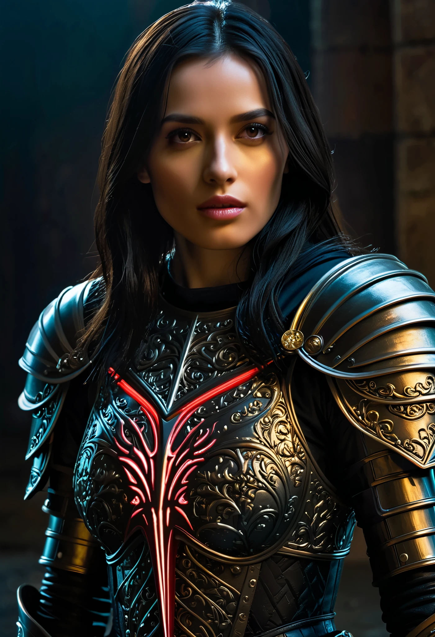 core_9, score_8_up, score_7_up, score_6_up, score_5_up, score_4_up, (best quality,4K,8k,highres,masterpiece:1.2), (super realistic photo:1.6),(best quality,4k,8k,highres,masterpiece:1.2), ultra-detailed, (realistic,photorealistic,photo-realistic:1.37),(Numerous award-winning masterpieces, incredibly detailed and textured, maximal resolution and clarity), (Hyper-realistic:1.4), (Realistic:1.3), Imagine a formidable female knight, her presence both terrifying and mesmerizing, inspired by the sinister beauty. Her appearance exudes an aura of dark elegance and unyielding strength, a true embodiment of the shining flower she represents. Her armor is a masterpiece of gothic design, crafted from dark, ruby-like metal that gleams with a menacing sheen, (intricated Great sword:1,5), (neon colored:1.4), sexy model posing, sensual face