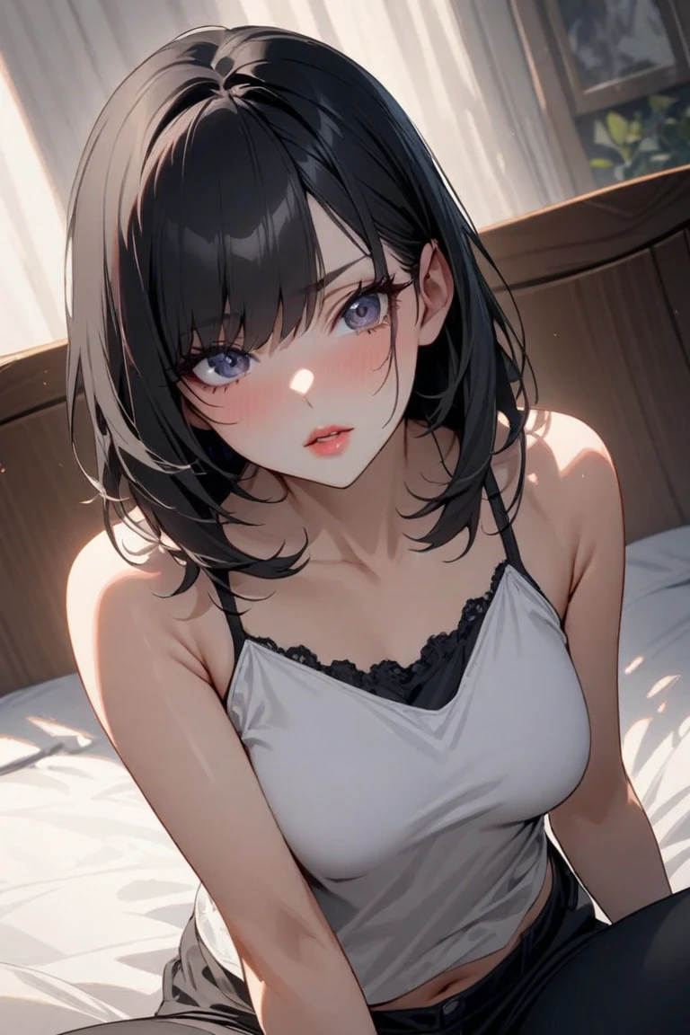 ((8K resolution))、((Highest quality))、((masterpiece))、((Very detailed))((((dramatic))), (Anatomically correct)、The depth of the object to write、Looking into the camera、Motherとdaughter、front、(Mother:Black Hair、glamorous、Breast augmentation、pubic hair)、(daughter:undercut、Small breasts、pubic hair)、Stir up、(theme、whole body:1.1), Background bed