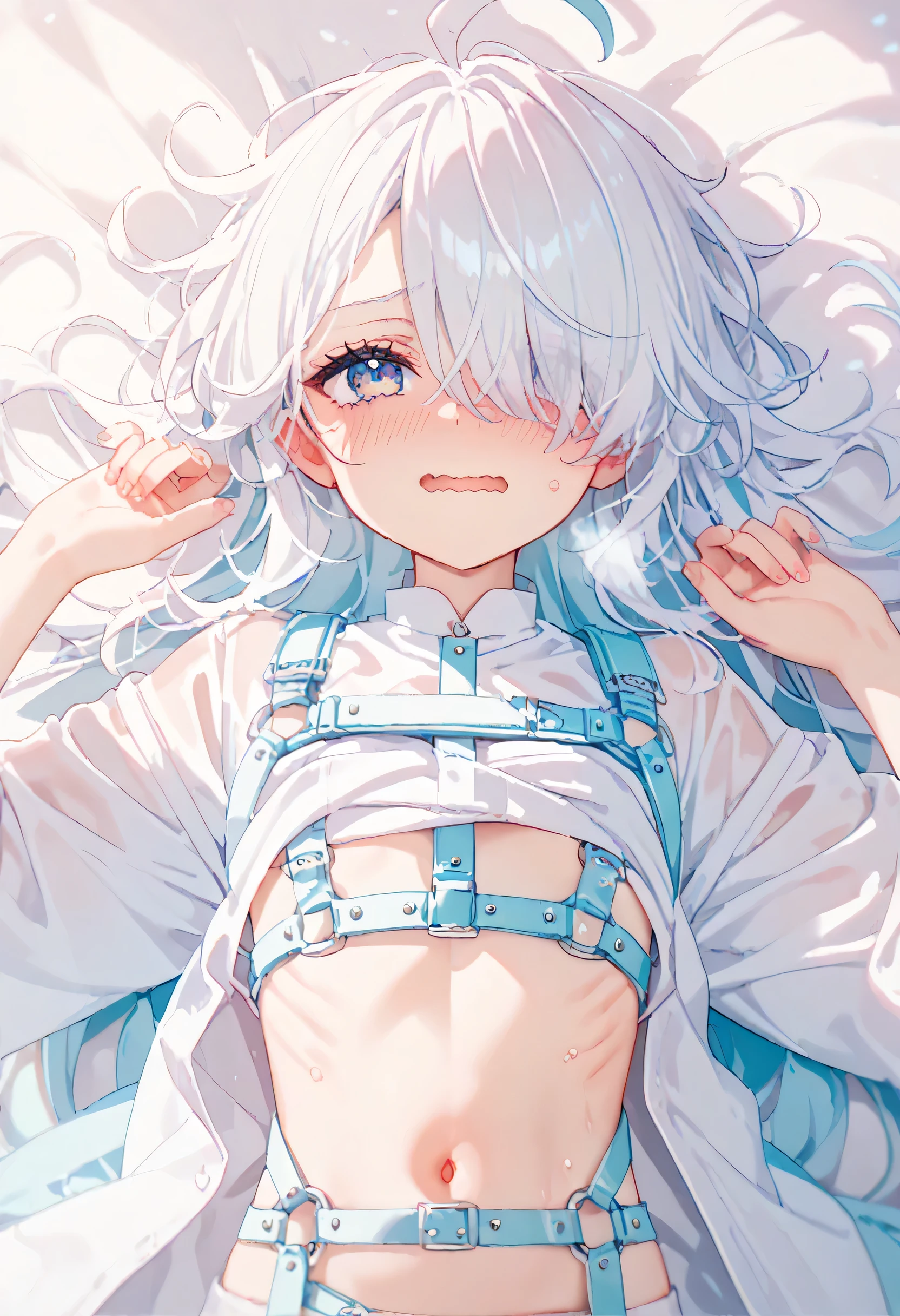 ((Girl with protruding ribs:1.4)、(flat chest:1.3),(skinny body:1.3)、Blushing、To blush、Thick eyes、(( thin:1.3))、white hair, long hair, hair over one eye、messy hair, ahoge, Black miniskirt, (Harness:1.3), pastel colors clothes, steam、aroused, (( white shirt:1.2)), Belly button, Larger clothes, shy, wavy mouth, open her mouth , Lie on your back and raise your hands, from above, ((Looking up:0.5))
