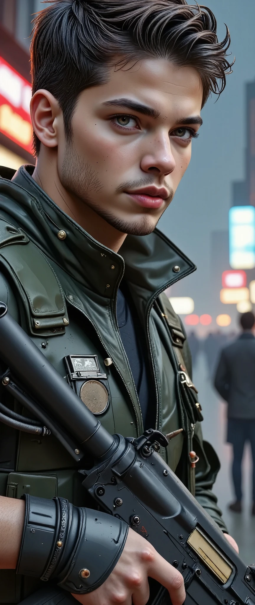 Unreal Engine:1.4,CG ultra realistic 64K, photorealistic :1.4,  Skin texture :1.4,  masterpiece:1.4,Beautiful young man, military tactical clothing :1.4,  with a gun , ak-47, assault rifle, Kalashnikov rifle, trigger_discipline, low-ready