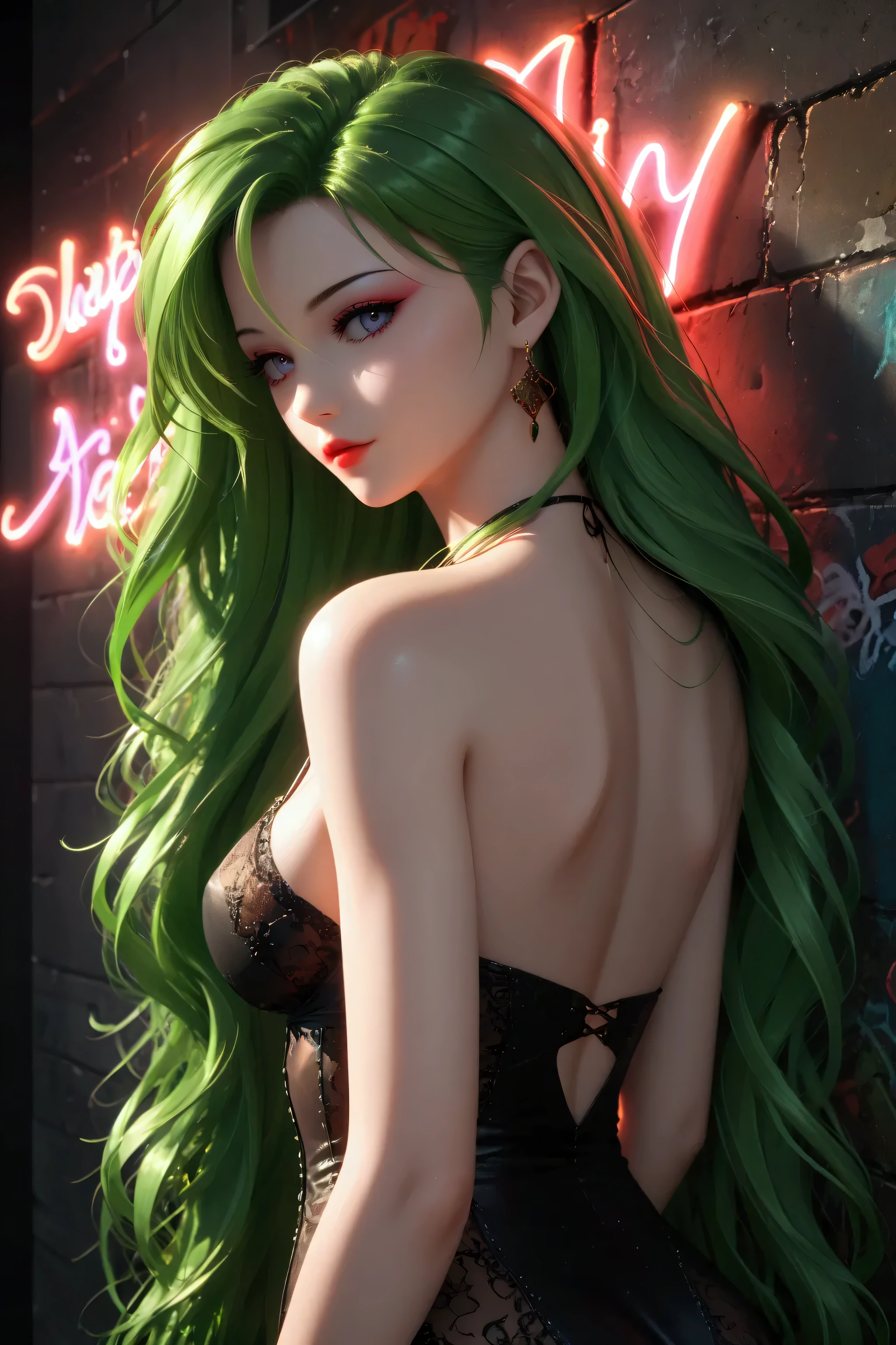 a woman with green hair and wolf ears is posing, seductive girl, anime. soft lighting, beautiful woman with Arcane Jinx style, the wall is painted in red neon. A girl with long hair, beautiful green haired girl, ultra hd anime wallpaper, bright hair, nightcore, red neon graffiti, beautiful wolf woman, ilya kuvshinov with long green hair, 4k anime wallpaper, style allistrasion 4k