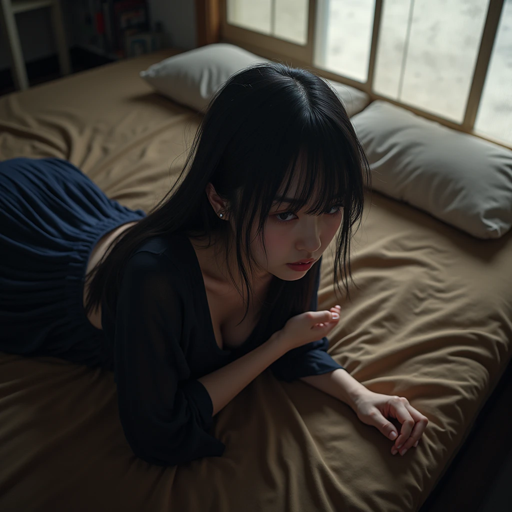 Femme, cheveux bleu, assis sur un lit, sous-vêtement noir, sexy hot, japonais, ambiance sombre