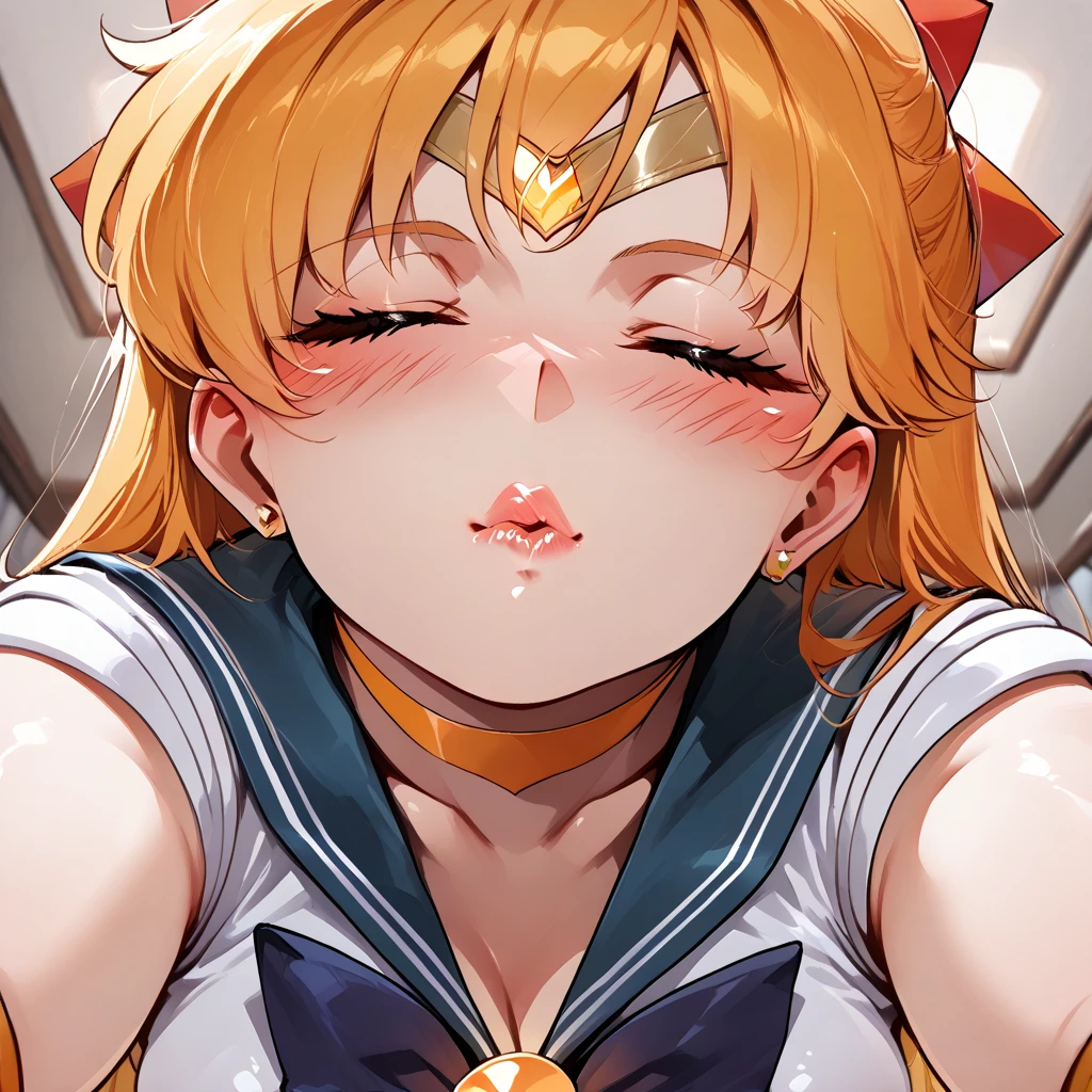 (masterpiece, best quality, high resolution, 8k) , from slightly below, (((Sailor Venus))), close up eyebrows, (((((kissing to viewer))))), (((blush))), closed eyes, ((plump lip))