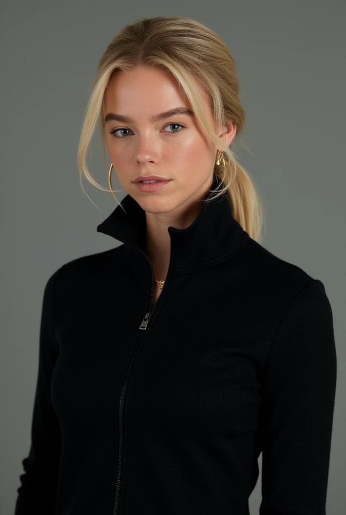 Milly alcock, blonde ponytail, black wool zip-up pullover 