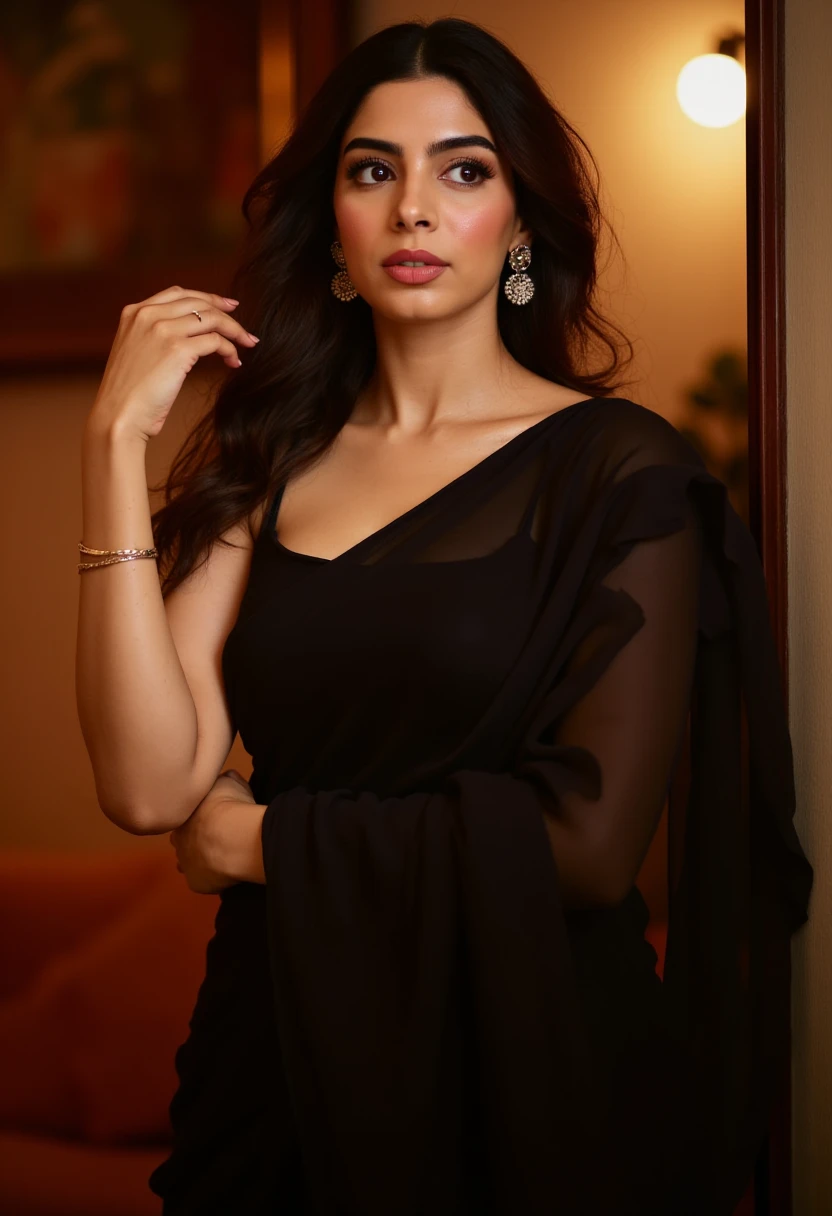 A dazzling shot of a woman with long dark brown hair standing, a black saree in a nicely warm and cozy lit cafe. Her eyes are wide open, and her lips are pink. and the woman's hair cascades over her shoulders,khushik