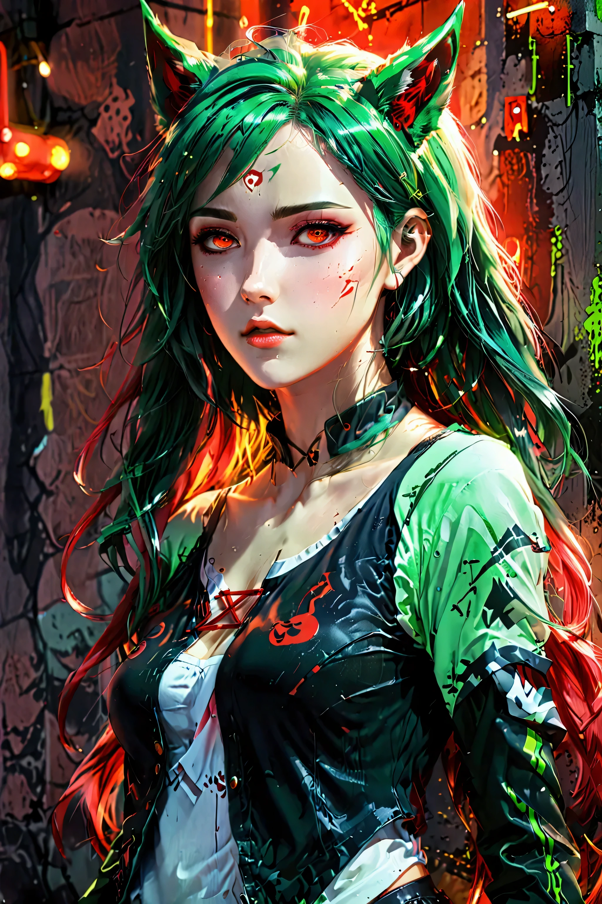 a woman with green hair and wolf ears is posing, seductive girl, anime. soft lighting, beautiful woman with Arcane Jinx style, the wall is painted in red neon. A girl with long hair, beautiful green haired girl, ultra hd anime wallpaper, bright hair, nightcore, red neon graffiti, beautiful wolf woman, ilya kuvshinov with long green hair, 4k anime wallpaper, style allistrasion 4k