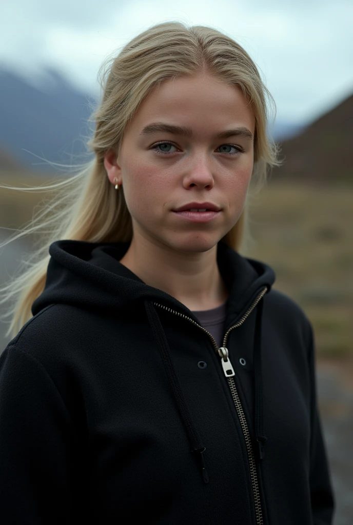 Milly alcock, blonde ponytail, black wool zip-up pullover,ghost recon wildlands 