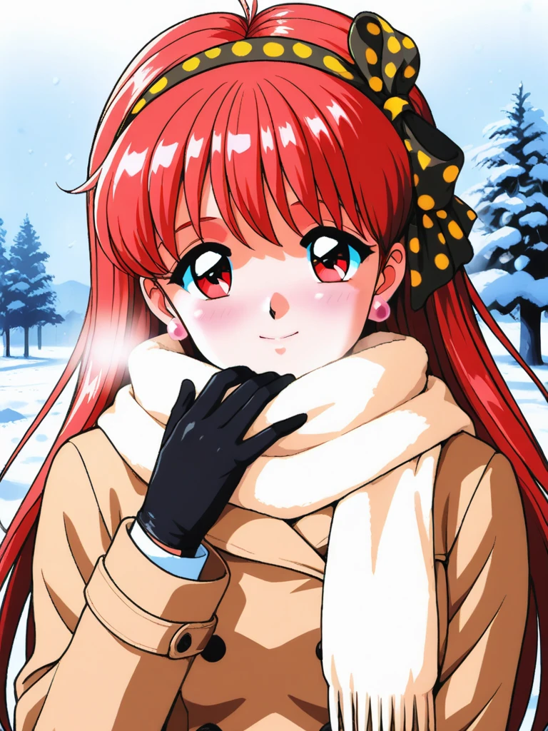 masterpiece, best quality,FujisakiShiori, 1girl, solo, long hair, red hair, red eyes, breasts, smile, happy, blush, black polka dots yellow hairband with hair bow, trench coat with fur and white Scarf, black gloves, earrings, Cute and warm clothes, A cold night with the first snow falling everywhere,she looks up at the first snow, retro artstyle, cinematic angle,
