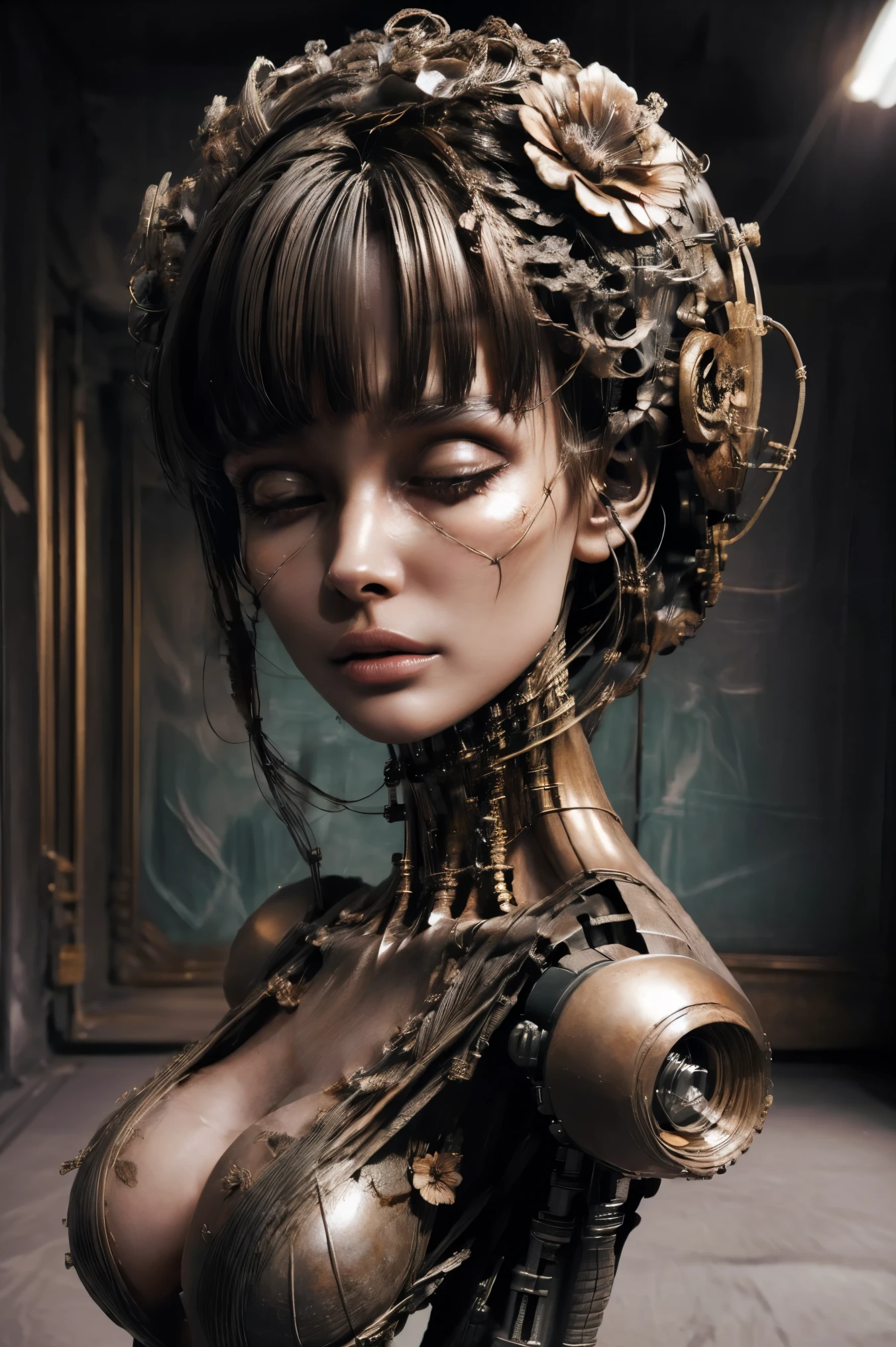(masterpeace), ((super real photography: 1.5)), ((photo realistic: 1.3)), (real photo), 
young girl with a lot of flowers, ((A young girl robot: 1.5)),  (bust statue), 
BREAK
headgear, ((real metalic skin)), ((beautiful face: 1.5)), ((Super cute: 1.5)), ((babyface: 1.5)), ((well-balanced face)), (close eyes: 1.3)), longeyelashes, stunning big eyes, luscious glossy lips, ((blunt bangs: 1.5)), (long hair), 
BREAK
(slender body: 1.3), petite bust, flower bloom, (flowers: 1.5),
BREAK
High-Mechanic body, octane rendering, Super Detailed machine, ((connected electric cables)), 
BREAK
(simple background: 1.3), ((bust shot: 1.3)), cinema quality, professional photograph, (photo studio: 1.5), (Bright Light: 1.2), Eye-Level Shot, wide lens, (fujifilm 35mm), (film photo), RAW, Excessive Embellishment, UHD, 
BREAK
anatomically correct, textured skin, best quality, 8k