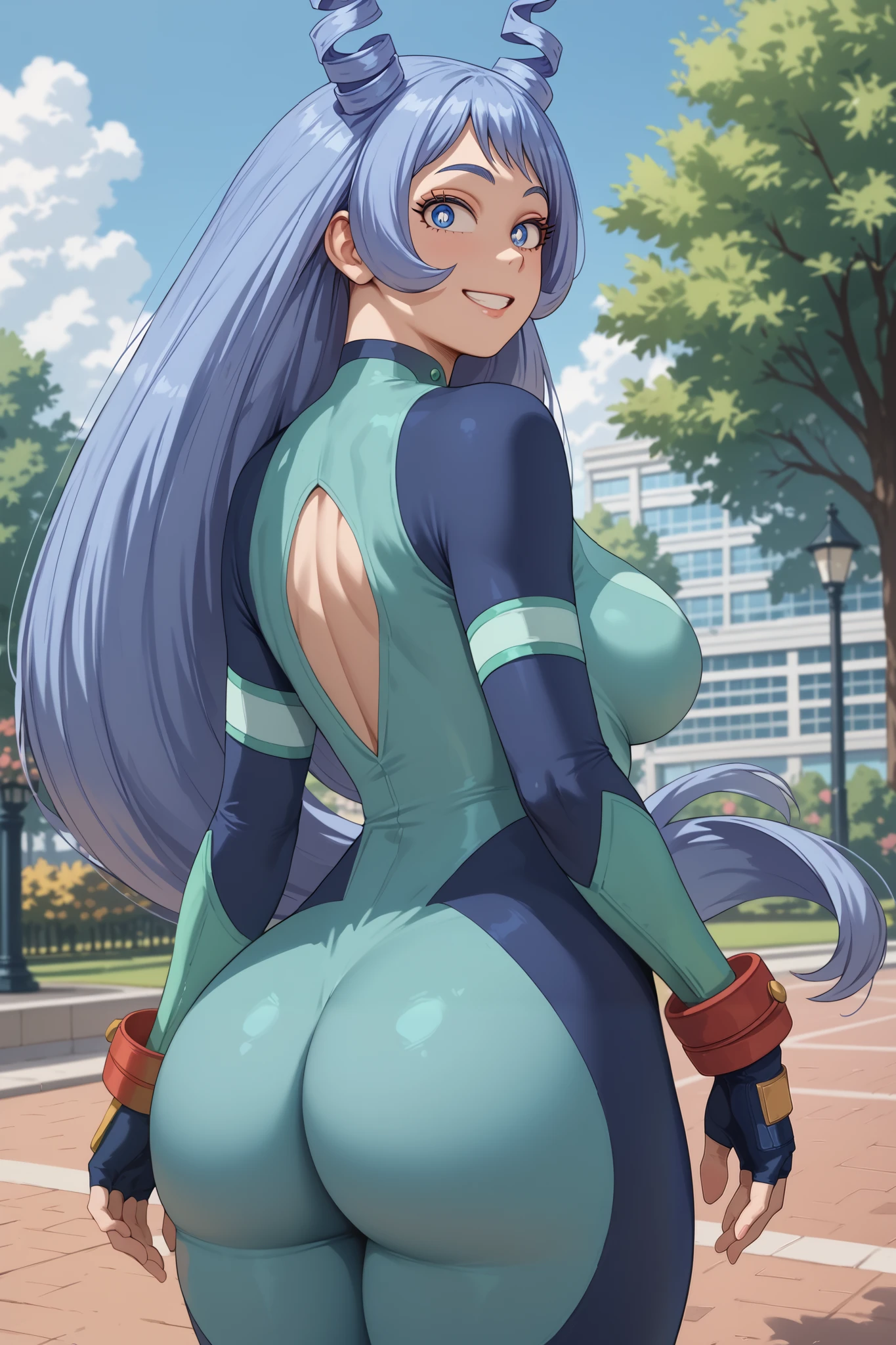 ((hado nejire)), ((masterpiece)), ((high resolution)), ((cartoon style)), ((solo portrait)), ((back view)), {(attractive figure), (large breasts), (beautiful legs), (thick thighs), (round face), (long blue hair), (spiral horns), (blue eyes), (long eyelashes), (small eyebrows), (cute grin)}, {(hero costume), (blue bodysuit), (fingerless gloves)}, {(looking at viewer)}, ((park))