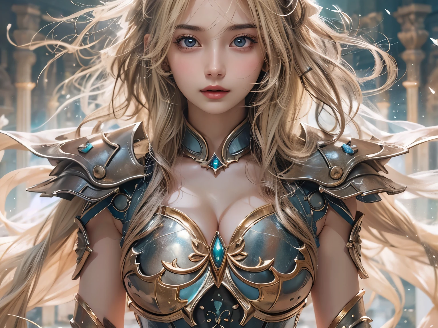 ((Masterpiece: 1.2, Best Quality,)), Super Detailed, Ultra Precise Depiction, Ultra Detailed Depiction, 1girl, Solo, Gaze at the Viewer, Bust, Gray Hair, Delicate Face, Perfect Figure, Busty, Unreal, Armor with Rich Patterns, (Smooth Skin), Symmetrical Composition, (Abstract Background: 1.5), Multicolored, Cowboy Shot, (Dynamic Pose)