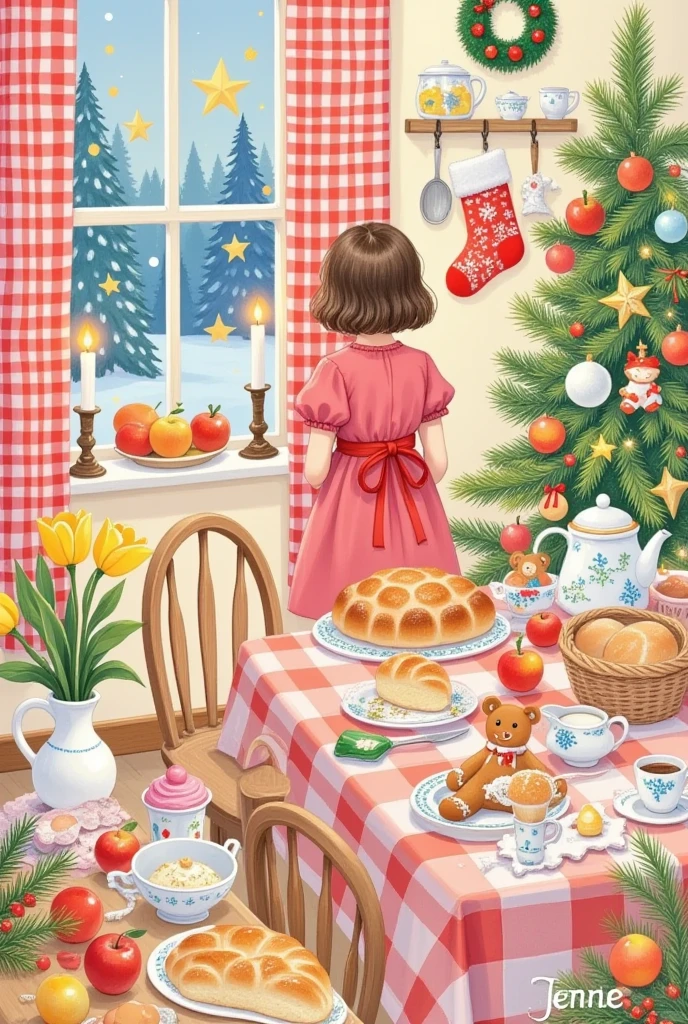 Pastel Art，Christmas illustration ，Plaid curtains ， Kitchen table with bread 、cake、Candle、glass、Christmas tree、Gingerbread Man、 apples、tableware、 with socks and Christmas wreaths hanging on the wall。Girl&#39;s back。Artist's signature in the bottom right corner"Jennie"