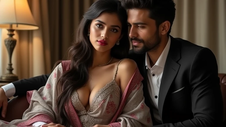 (seductive) a close up of a man kissing a girl in a sleeveless saree, man is half nude, ((red lips, bright eyes, curve heir 1.5)), ((beautiful details very big breast )), (Straight round and ultra huge clevage, not sagging breast), A glorious gorgeous, glorious gorgeous face, pretty face, bright eyes, white saree, updo elegant hair, blurred gray tones background, ultra focus, face ilumined, face detailed, 8k resolution, painted, dry brush, brush strokes, razumov style and garmash style, by Tokaito, ((Full Open )), full body, sexy open thin belly, night blue ambience
