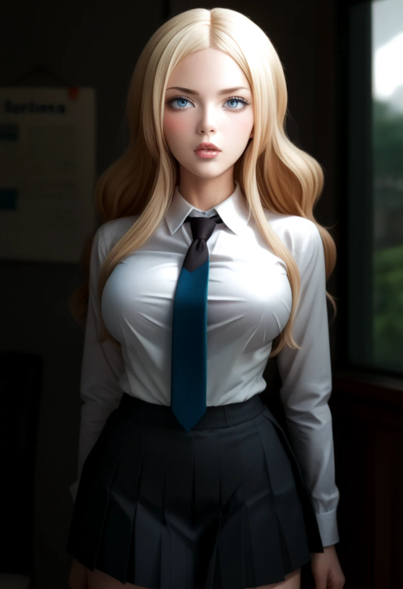 Irina Jelavić, blonde hair, large hair, light blue eyes, blush, looking at viewer, innocent expression, white shirt, large breasts, collared shirt, long sleeves, necktie, grey skirt, pleated skirt, skirt is blowing up, lift skirt, large buttocks, kneehighs, front view