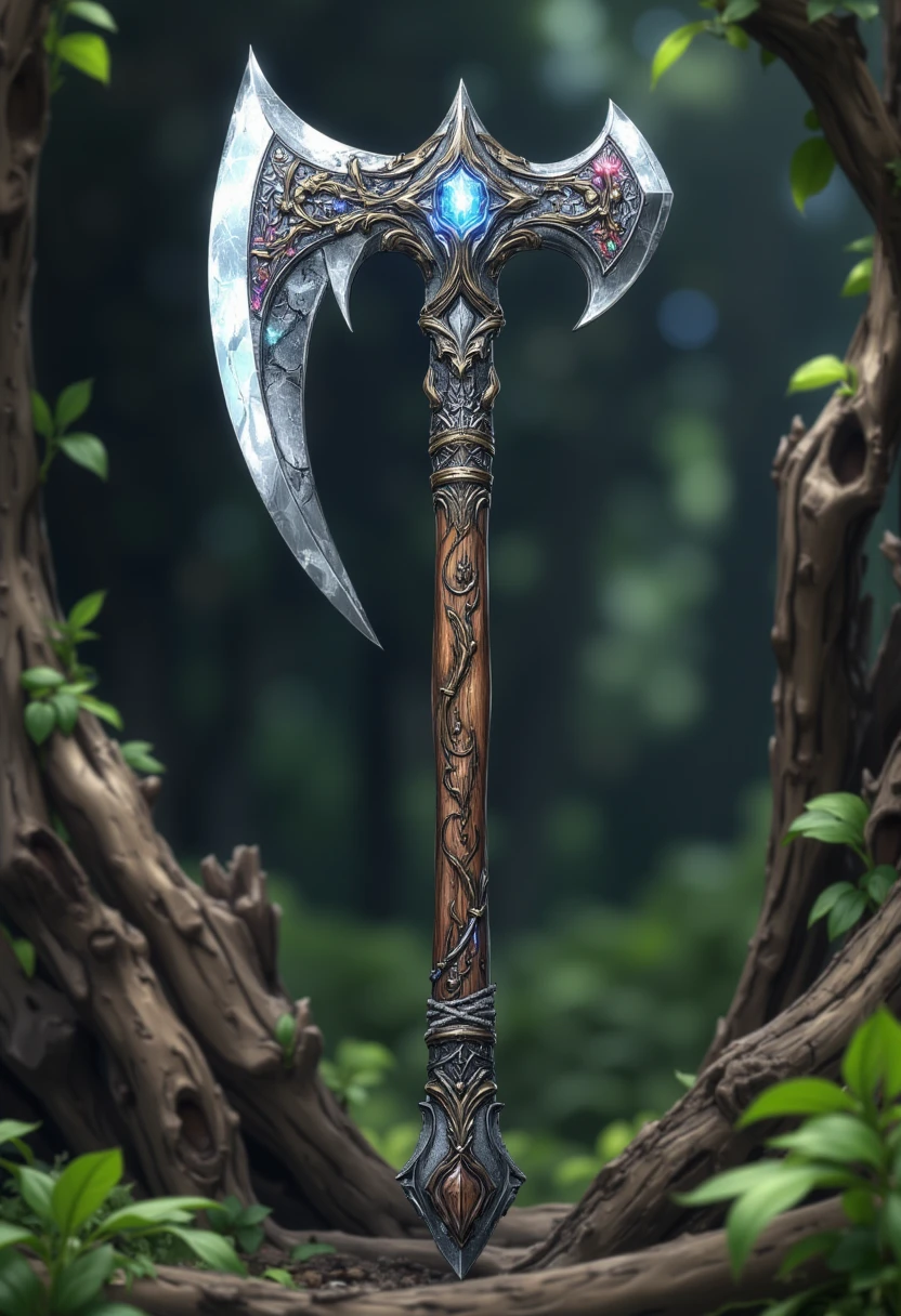  The ancient Axe was forged by the Blacksmith, the Woodcutter with an Axe made of beautiful and thin Halberd-shaped metal, The handle is first tied with a silver rope ,  The handle itself is made of black oak with carved symbols on it , fantasy style,  masterpiece fails, 8 k,  as much detail as possible ,  better quality ,  complex parts,  complex textures , 