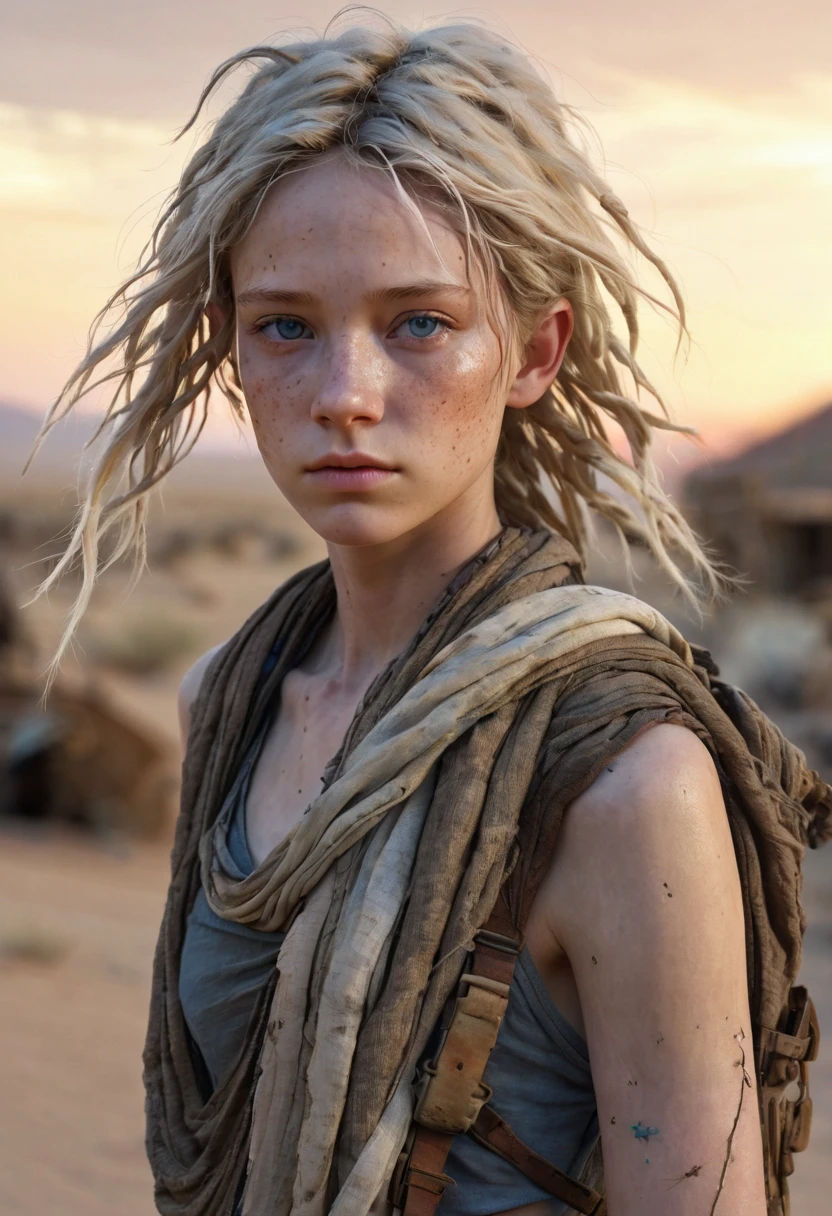 Masterpiece, half body shot, transitioning to a desert landscape at sunset, a lone figure walking, a beautiful 11 years old young American tween girl emerges wearing beautiful post apocalyptic nomadic clothes, very pale skin, light blond hair, blue-grey eyes, a few very light freckles, skinny runners body, very small breasts, very detailed face, ultra realistic face, very beautiful thin face, clean face, exhausted face, young looking, very young, juvenile face, post-apocalyptic clothing. Layers of tattered fabric, unconventional accessories, an aura of survival and resilience, 16K, ultra high res.photorealistic, UHD, RAW, DSLR,naked