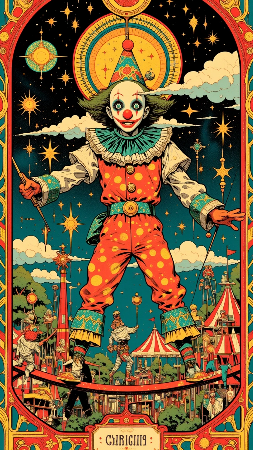 There is a poster of the hallucinogenic art of the trapeze ,Spectators watching in a tent , what is the name of the circus troupe 「Life world」, there is a poster of the circus troupe's illusory art, Circus in the Imaginary World ,Whimsical Circus ,close-up,  close-up view ,  1968 sci-fi tarot card   , Close view , close-up shot , Geometric ornament,Close up shot, Exploitable Images, very detailed circus , high res, accurate,  high detail,   Illusion Art  ,    psychedelic surreal art   ,  terrifying surrealist art   ,   dmt Death of Ego  ,  DMT Egodes   , Ultra Detailed Fantastic Art   ,     fantastic art by high res  , Tool Band Art, tarot card design ,「Life world」The string 