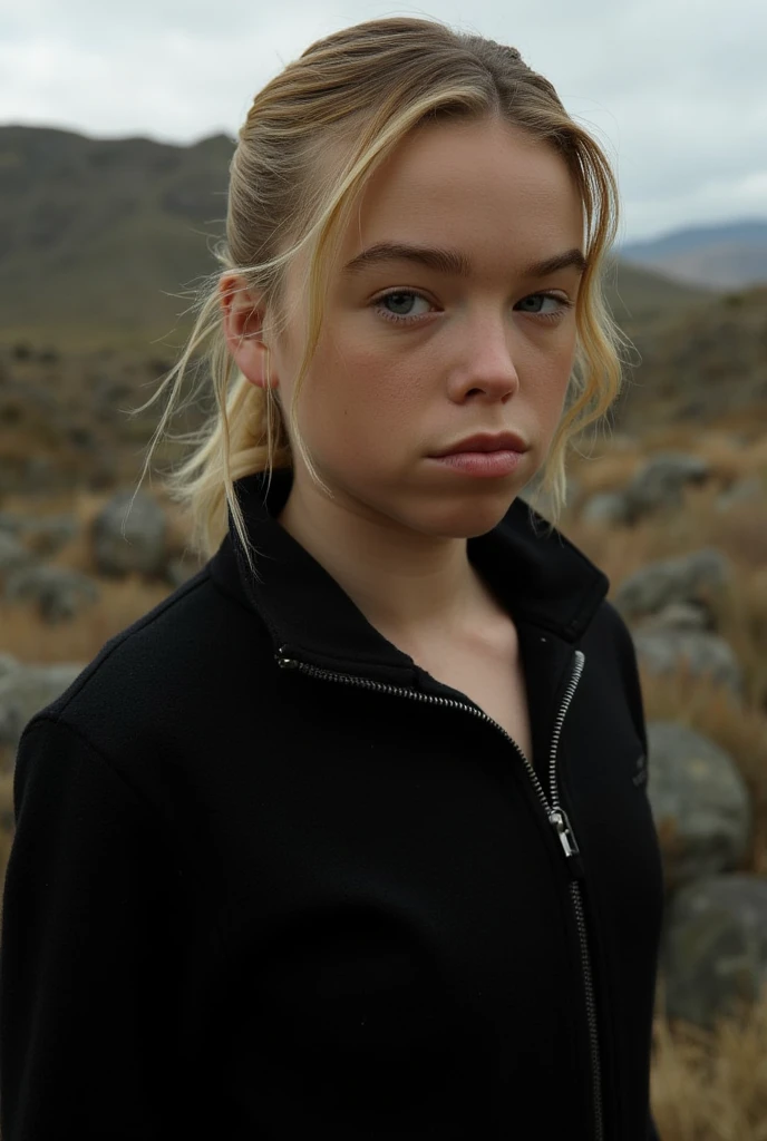 Milly alcock, blonde ponytail, black wool zip-up pullover,ghost recon wildlands 