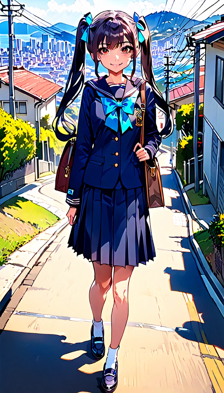 ( top quality ,  ultra detail, masterpiece:1.4),  high res,
 1 girl,  standing,   gentle smile, yo,
( low twin tail :1.4), Low braid,  black hair,  long hair,
( navy blue sailor suit with blue bow:1.2),  Long Sleeve , 
break 
( dark brown eyes), (Carry the bag on your right shoulder),   from the front , From a little above, Alone, 
break 
(Inclined road, downhill, One road), Modern street in Japan, Prefectural road, Residential area,
Going down a slope,
Electric pole, Electrical cables, Hilly city,
Cityscape, The ocean seen in the distance,  Amazing Scenery , afternoon,  blue sky,  Orange Sky , 
Anime, High brightness,