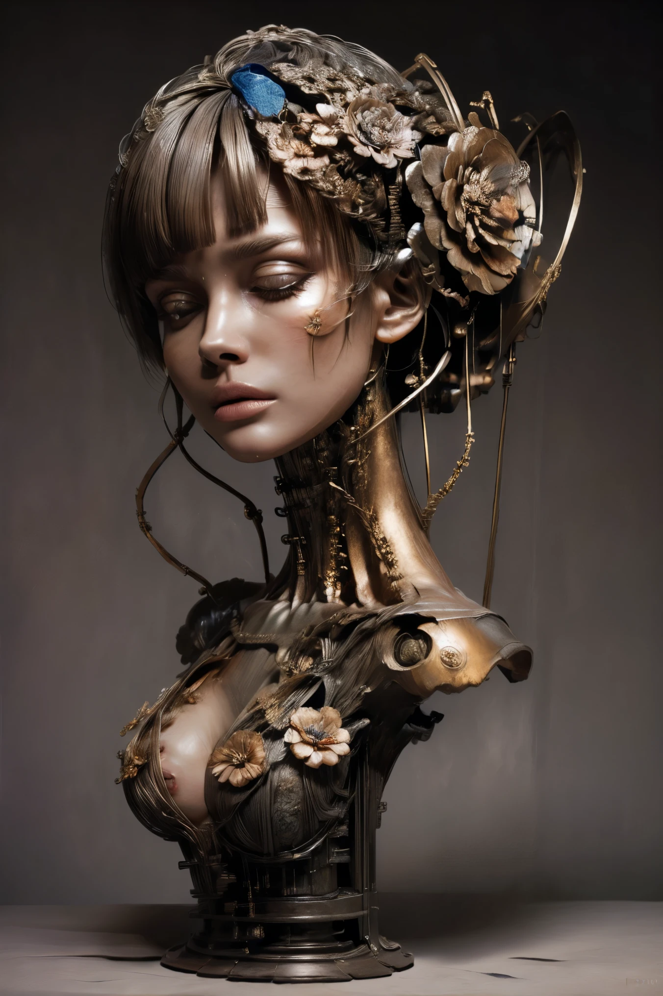 (masterpeace), ((super real photography: 1.5)), ((photo realistic: 1.3)), (real photo),
young girl with a lot of flowers, ((A young girl robot: 1.5)), (bust statue),
BREAK
headgear, ((real metalic skin)), ((beautiful face: 1.5)), ((Super cute: 1.5)), ((babyface: 1.5)), ((well-balanced face)), (close eyes: 1.3)), longeyelashes, stunning big eyes, luscious glossy lips, ((blunt bangs: 1.5)), (long hair),
BREAK
(slender body: 1.3), petite bust, flower bloom, (flowers: 1.5),
BREAK
High-Mechanic body, octane rendering, Super Detailed machine, ((connected electric cables)),
BREAK
(simple background: 1.3), ((bust shot: 1.3)), cinema quality, professional photograph, (photo studio: 1.5), (Bright Light: 1.2), Eye-Level Shot, wide lens, (fujifilm 35mm), (film photo), RAW, Excessive Embellishment, UHD,
BREAK
anatomically correct, textured skin, best quality, 8k