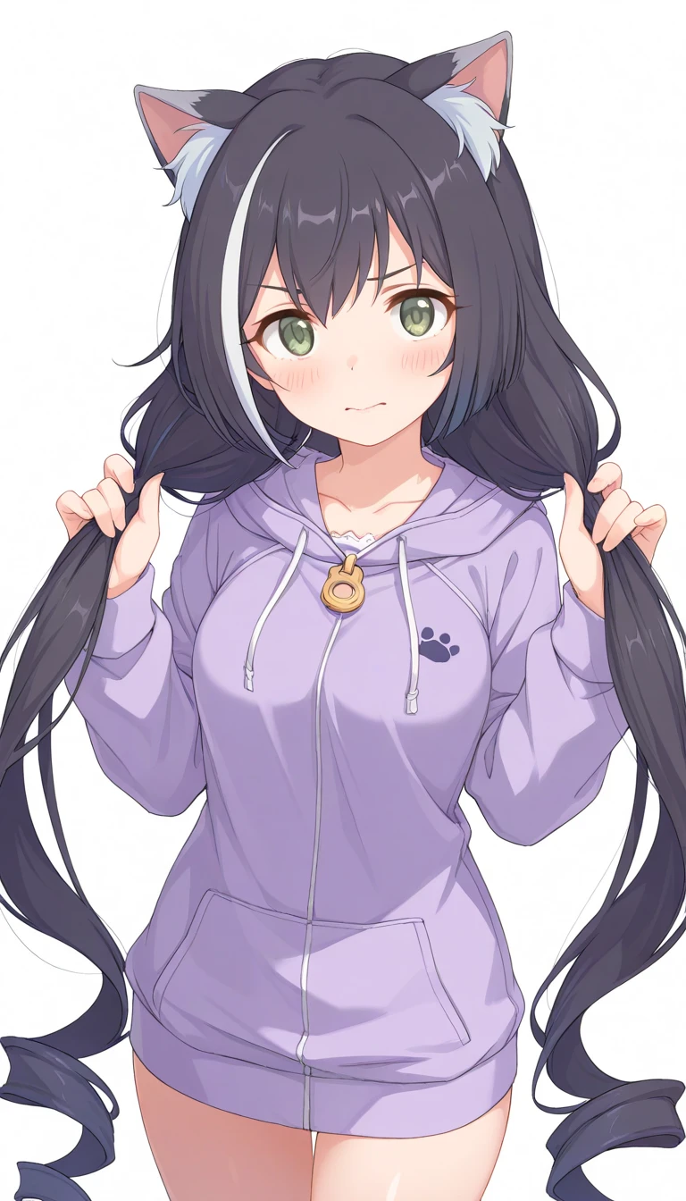 masterpiece, best quality, 1girl, solo, princess connect!, karyl \(princess connect!\), green eyes, black hair, white hair, multicolored hair, long hair, streaked hair, hair between eyes, cat ears, medium breasts, purple jacket, purple cat ears hooded jacket, long sleeves, puffy long sleeves, sleeves past wrists, holding own hair, shiny skin, looking at viewer, blush, closed mouth, embarrassed, simple background, white background, 