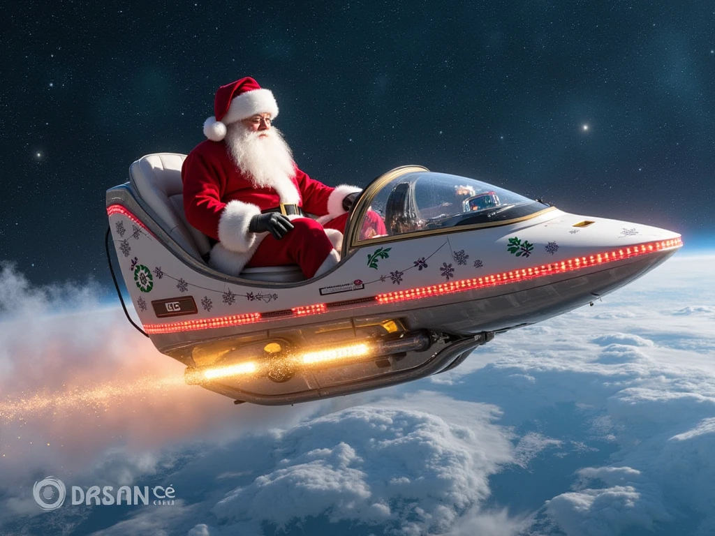 "Design an awe-inspiring illustration of Santa Claus piloting a state-of-the-art sleigh that resembles a futuristic spaceship, crafted in the far future. This advanced sleigh, sleek and angular like an interstellar explorer, is constructed with gleaming metallic alloys, illuminated with glowing red and gold energy cores. The exterior is adorned with subtle nods to Christmas tradition, including shimmering holly patterns and holographic snowflakes projected along its hull. The sleigh is equipped with warp-speed engines that leave behind trails of stardust and sparkling light, giving it an ethereal, magical aura.

Santa, dressed in a modernized spacesuit version of his iconic red and white attire, sits confidently in the cockpit, surrounded by an array of holographic displays showing star maps and planetary coordinates. Instead of reindeer, the sleigh is powered by futuristic drones shaped like glowing orbs, hovering and pulsing with vibrant energy.

The scene is set against the vastness of space, with distant nebulae, shimmering stars, and planetary systems forming a breathtaking backdrop. Santa’s sleigh glides past asteroid fields and space stations, delivering gifts not just to Earth but to human colonies scattered across the galaxy. The illustration captures the blend of Christmas magic and futuristic exploration, showcasing Santa as a timeless figure adapting to the marvels of a new cosmic age."