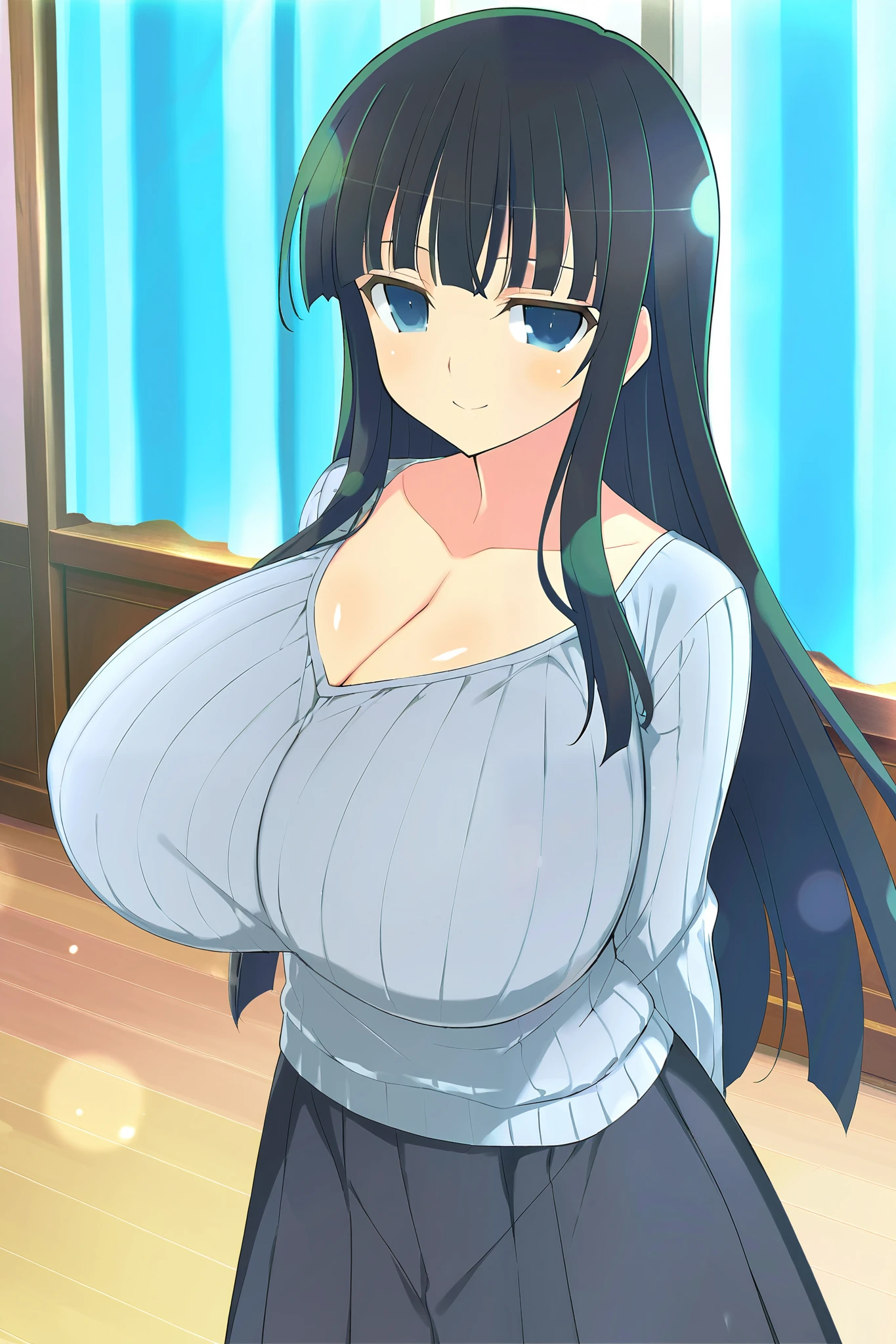 masterpiece, best quality, anime art style, Official Art, yaegashi nan(artist), perfect eyes, detailed eyes, perfect face, perfect hair, detailed hair, shiny hair, beautiful character design, 1 girl, alone, Ikaruga (Senran Kagura New Link), black hair, blunt bangs, hime cut, blue eyes, black pupils, sweet smile, arms behind back, looking at viewer, slim body, cowboy shot, gigantic breasts, collarbone, long sleeves, ribbed scoop neck shirt, grey shirt, pleated black skirt, long skirt, indoors, bedroom