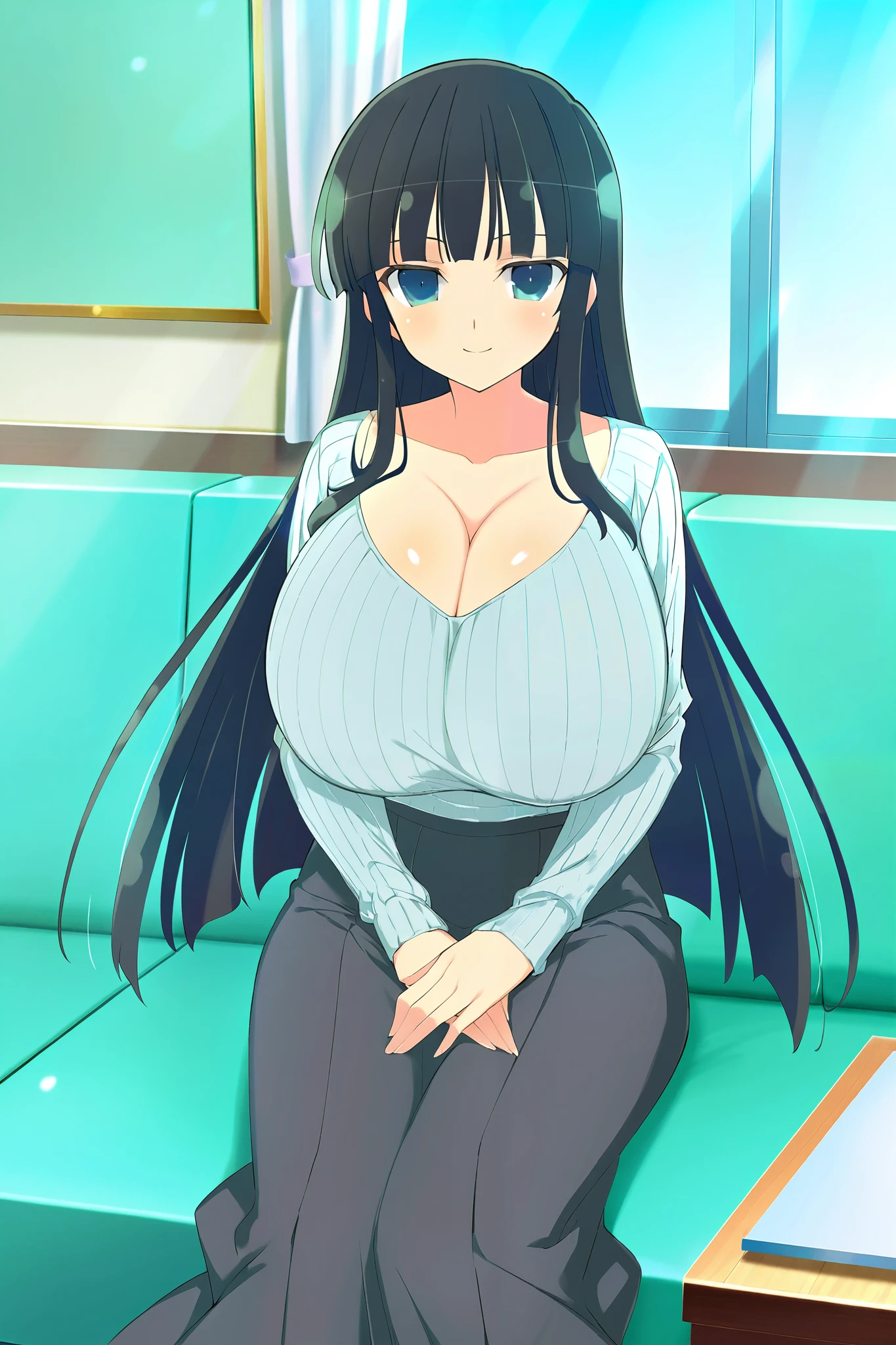 masterpiece, best quality, anime art style, Official Art, yaegashi nan(artist), perfect eyes, detailed eyes, perfect face, perfect hair, detailed hair, shiny hair, beautiful character design, 1 girl, alone, Ikaruga (Senran Kagura New Link), black hair, blunt bangs, hime cut, blue eyes, black pupils, sweet smile, sitting on couch, hands on lap, looking at viewer, slim body, cowboy shot, gigantic breasts, collarbone, long sleeves, ribbed scoop neck shirt, grey shirt, pleated black skirt, long skirt, indoors, bedroom