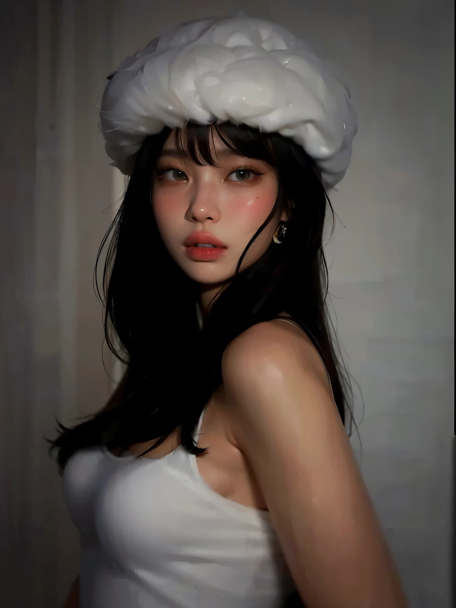 Asiatica, coreana, labios rosados, cabelos pretos, olhos puxados