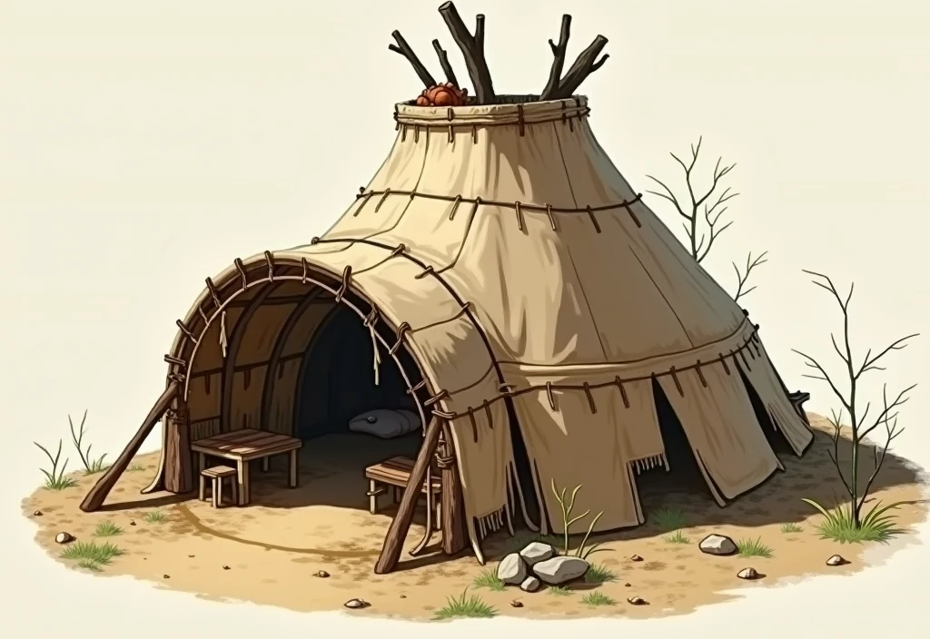 Design a temporary refuge With materials from the Paleolithic (Wood, leathers and ropes)  plan that meets the following Criteria : a)
simplicity; b) Ability; C) Lightness. Draw on plan, cut, elevation and isometry. And present the advantages and disadvantages of the shelter. 