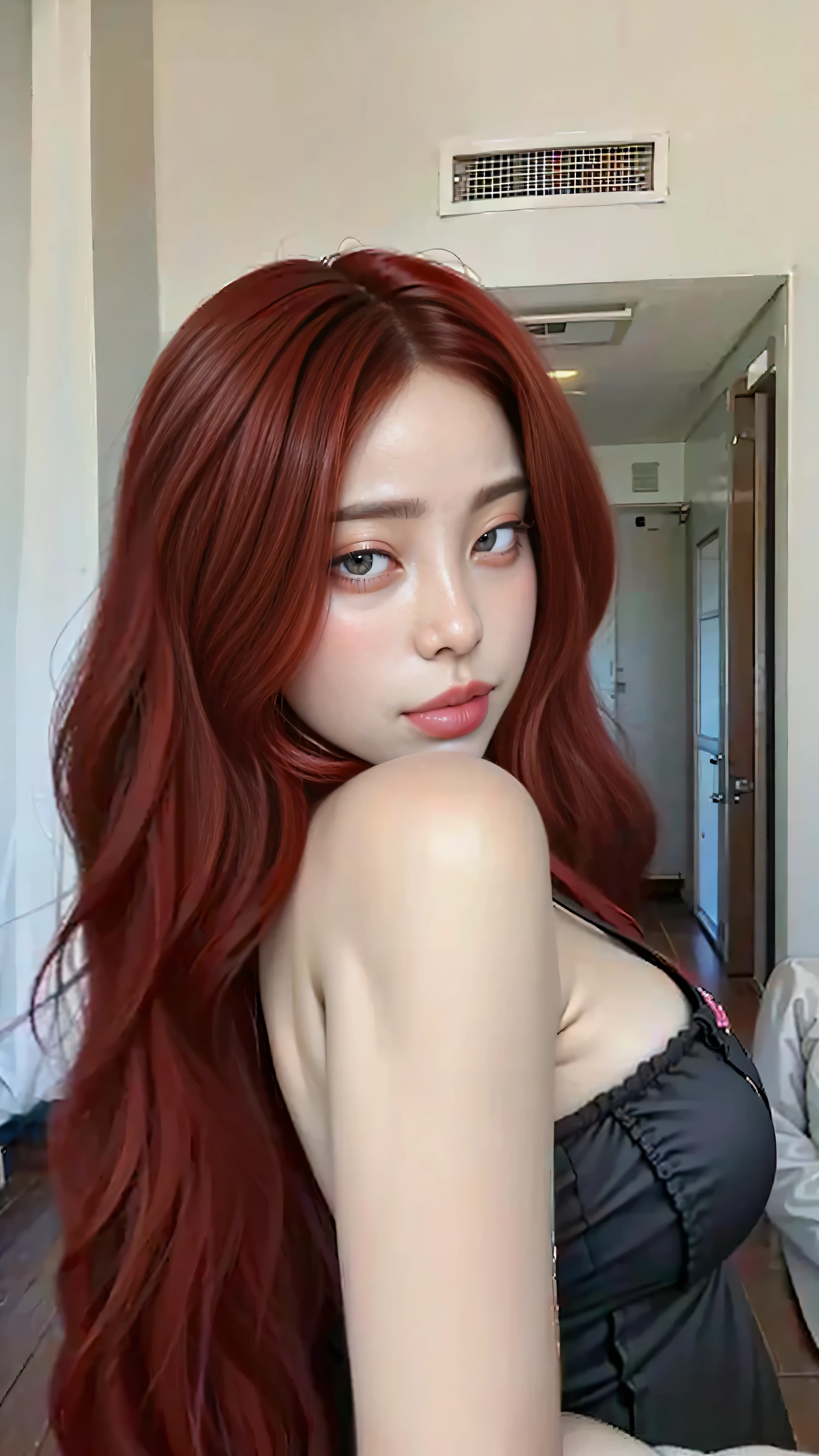 a close up of a woman con el pelo largo y rojo and a white top, peluca roja, bella delfina, amoranto, solo skydoll, Pelo rojo largo y liso, muchacha coreana, chica anime en la vida real, con pelo largo y ojos penetrantes, con el pelo largo y rojo, piel roja suave, pale red, crimson red hair and red eyes