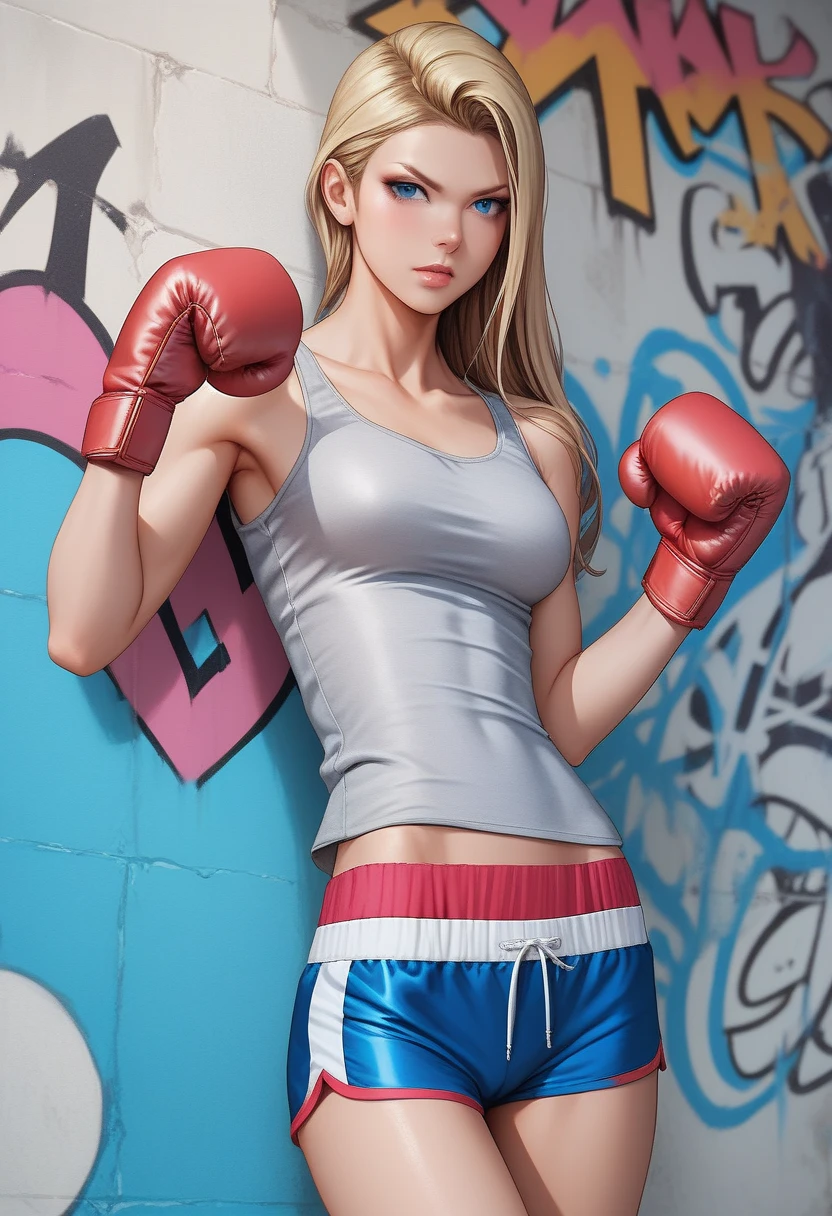 Sexy woman leaning against a wall ,  anime style, junior,  perfect body , Female boxer ,  open finger gloves ,  BOXING PREPARATION ,  serious expression ,  wall with graffiti  ,   blue eyes,  beauty , 21 years old, masterpiece,   top quality,  Ultra High Definition,  Blonde long hair ,  Attractive Clothes ,  Tight Thin Strappy Khaki Tank Top,  tight black triangle bottoms ,  Clothes Revealing Her Breasts ,  Seductive Body  