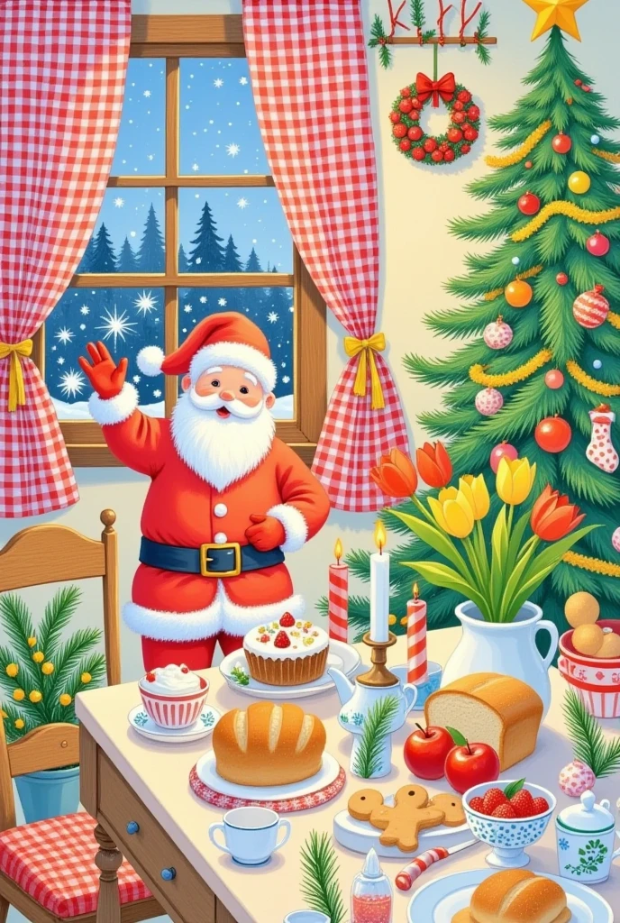 Pastel Art，Christmas illustration ，Plaid curtains ， Kitchen table with bread 、cake、Candle、glass、Christmas tree、Gingerbread Man、 apples、tableware、 Hanging socks and Christmas wreaths on the wall。 Santa Claus 。Artist's signature in the bottom right corner"Jennie"