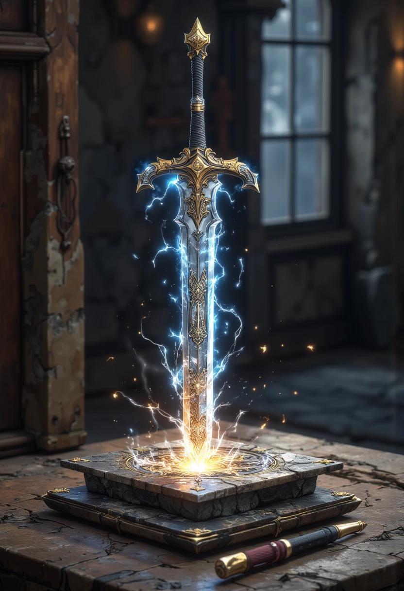  Sword in Stone Two-handed with Double-sided Sharpening with runic marks in the center with gold patterns,  beautiful pen with metal bindings and a thin gold and silver ribbon , Beautiful shape Very Thin Robot Master Blacksmith ,  masterpiece fails, 8 k,  complex parts,  maximum quality,  better quality , 