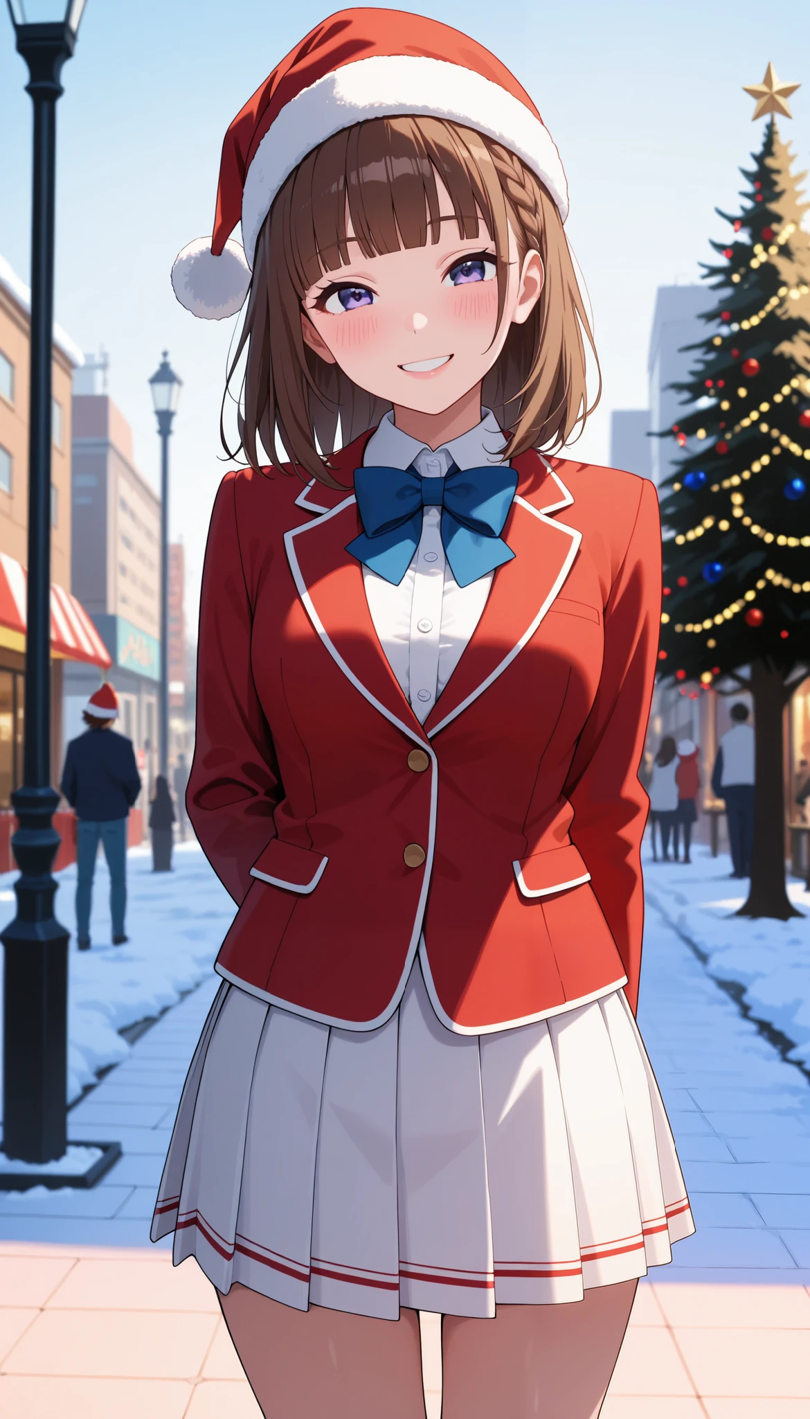 masterpiece,  top quality,  high definition , brown hair,  medium hair,  braided , blunt bangs, medium breast, blue bow tie,  red blazer, buttoned blazer, White Skirt,  pleated skirt ,   White Knee-High, santa hat ,smile, winter festival city,   outdoor,  standing ,  cowboy shot ,smile ,glossy lips ,blushing ,