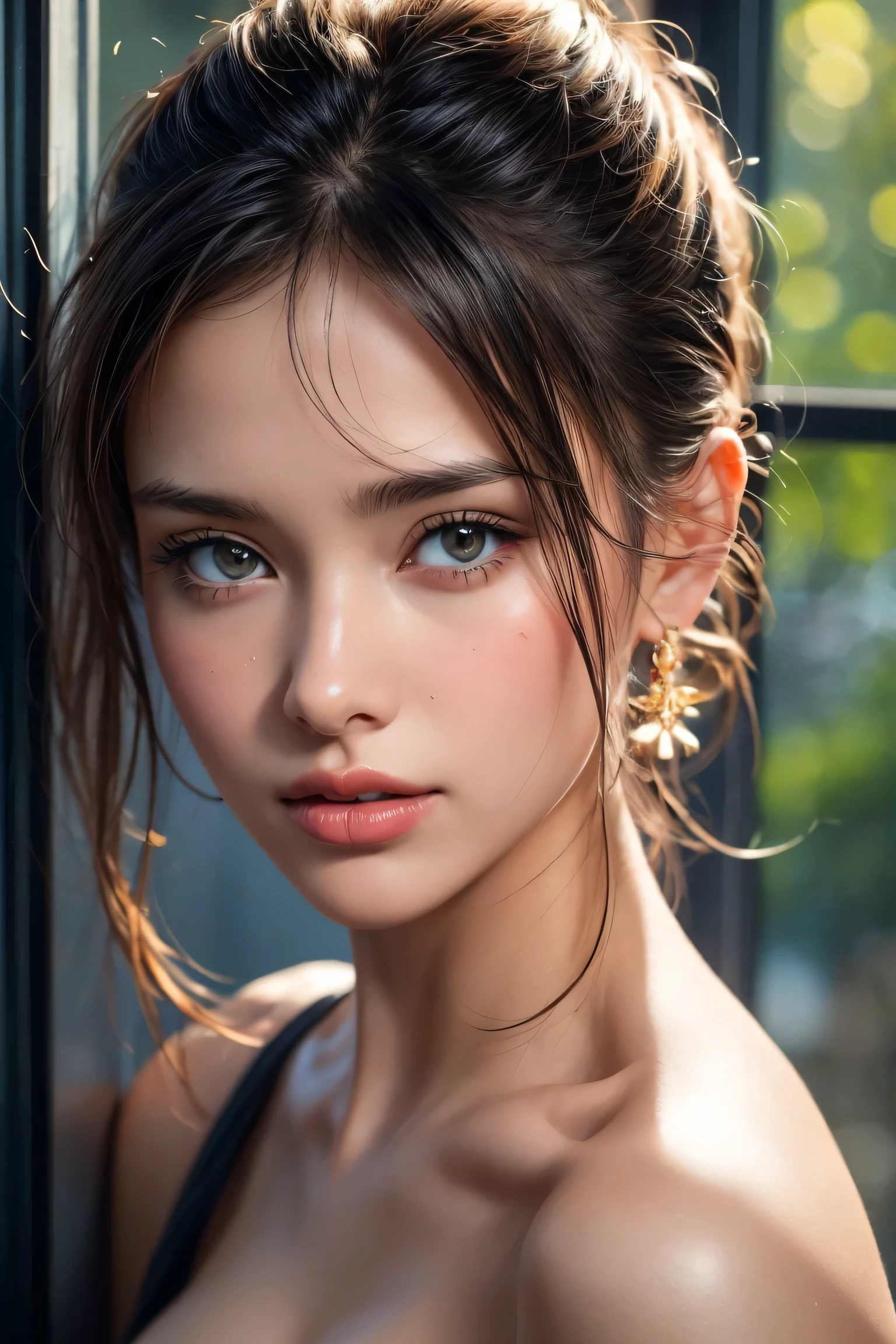 (Best Quality, 4K, 8K, High Resolution, Masterpiece: 1.2), (Super Detailed, Realistic, Photorealistic:1.37)A captivating young girl, donning a striking ensemble of red and blue, stands before a window with an air of toughness and determination. Her enchanting eyes are exquisitely detailed, capturing every glimmer and depth, while her lips boast a meticulous beauty that is both captivating and alluring. The level of detail extends to her entire face, each contour and feature meticulously rendered to perfection, creating a sense of hyper-realism that draws the viewer in.
The girl's attire, reminiscent of oil painting art, is a work of art in itself. The fabric, skillfully crafted to resemble vibrant brushstrokes, adds a touch of dynamism to her overall appearance. It is a true reflection of the artist's talent, showcasing a mastery, (NSFW:1.1), Chignon hairstyle, (beautiful nipples:1.1), (moist skin texture:1.2)