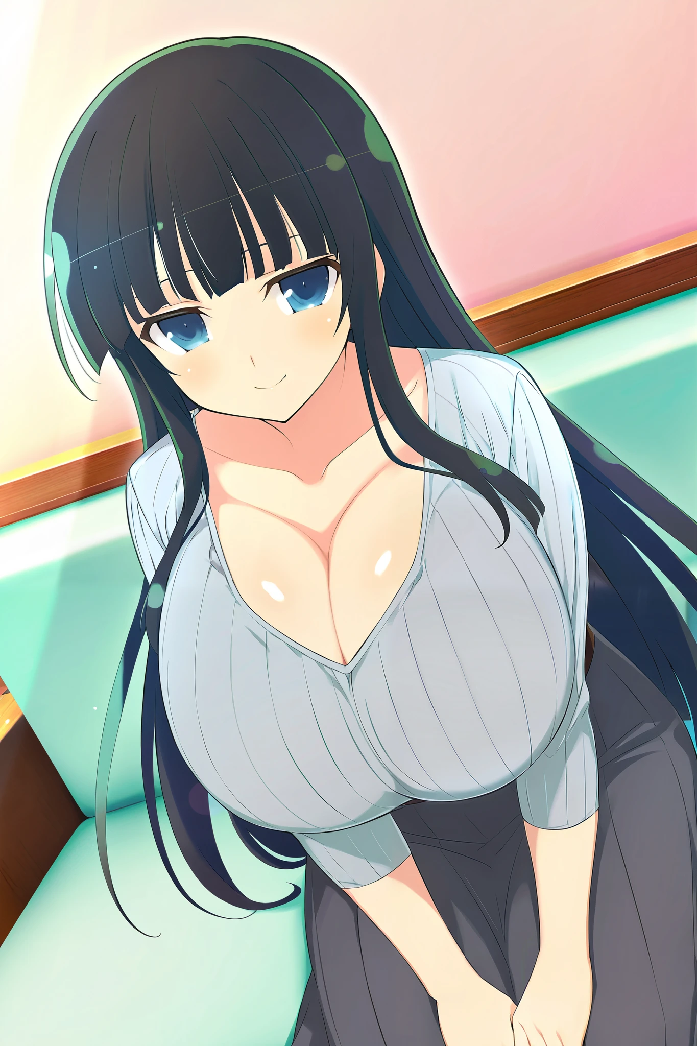 masterpiece, best quality, anime art style, Official Art, yaegashi nan(artist), perfect eyes, detailed eyes, perfect face, perfect hair, detailed hair, shiny hair, beautiful character design, 1 girl, alone, Ikaruga (Senran Kagura New Link), black hair, blunt bangs, hime cut, blue eyes, black pupils, sweet smile, sitting on couch, hands on lap, looking at viewer, slim body, cowboy shot, gigantic breasts, collarbone, long sleeves, ribbed scoop neck shirt, grey shirt, pleated black skirt, long skirt, indoors, bedroom