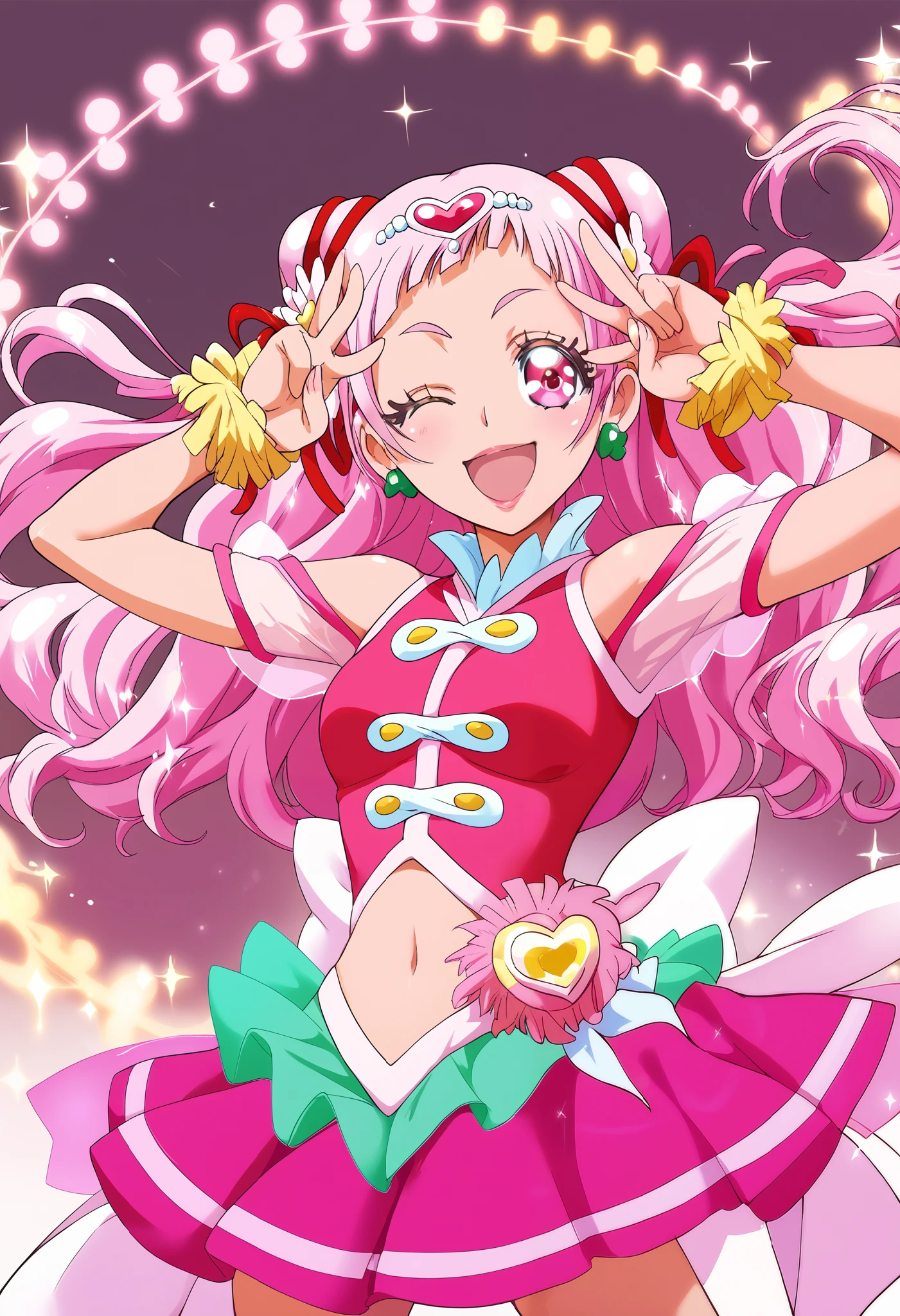 score_9, score_8_up, score_7_up, cure yell,medium breast, standing,oshinokoparody, Double V posing,glossy lips , smile,open mouth,closed eye ,wink, from front  ,cowboy shot,sparkles, glitters, multicolored background, shiny, glowing, 