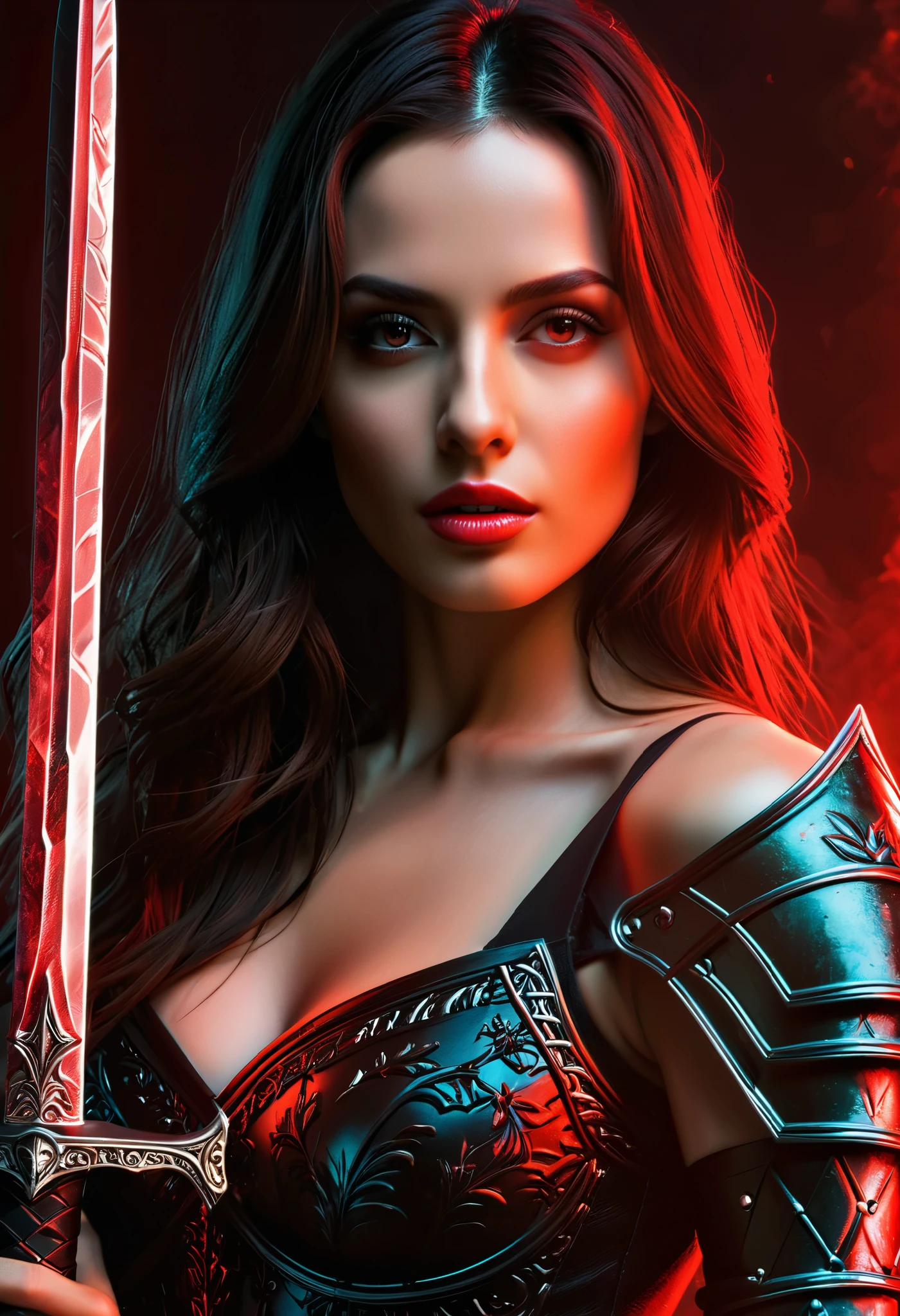 core_9, score_8_up, score_7_up, score_6_up, score_5_up, score_4_up, (best quality,4K,8k,highres,masterpiece:1.2), (super realistic photo:1.6),(best quality,4k,8k,highres,masterpiece:1.2), ultra-detailed, (realistic,photorealistic,photo-realistic:1.37),(Numerous award-winning masterpieces, incredibly detailed and textured, maximal resolution and clarity), (Hyper-realistic:1.4), (Realistic:1.3), Imagine a formidable female knight, her presence both terrifying and mesmerizing, inspired by the sinister beauty. Her appearance exudes an aura of dark elegance and unyielding strength, a true embodiment of the shining flower she represents. Her armor is a masterpiece of gothic design, crafted from dark, ruby-like metal that gleams with a menacing sheen, (intricated Great sword:1,5), (neon colored:1.4), sexy model posing, sensual face