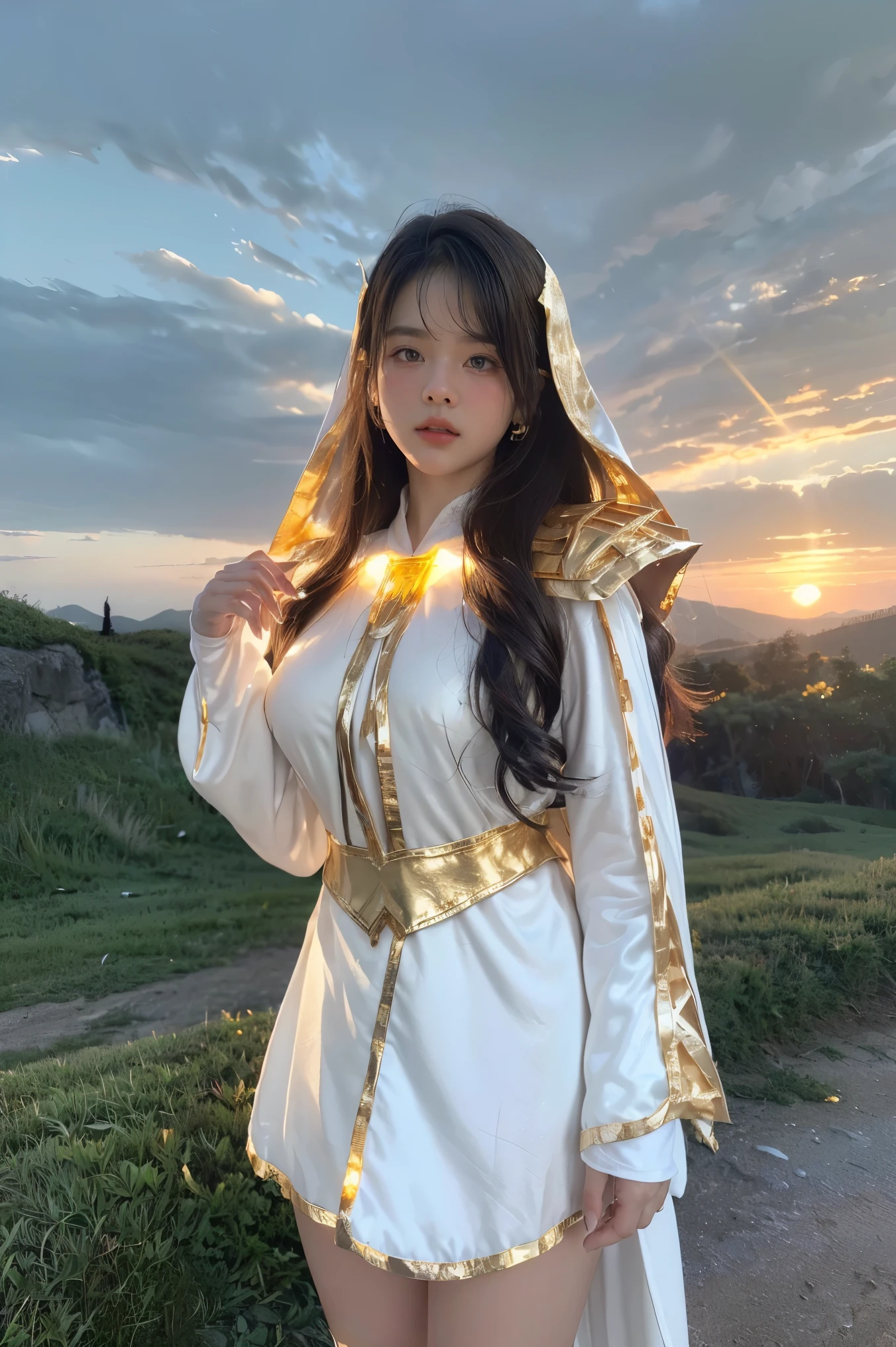 ((masterpiece, best quality, extremely detailed), volumetric lighting, ambient occlusion, colorful, glowing), 1girl, solo, young girl, (dark hair), long hair, ranger suit, hunter class dnd, cloak, (white outfit with gold detailst:1.3), armor, outdoors, sunset, sky, clouds, space, (fantasy theme:1.2),