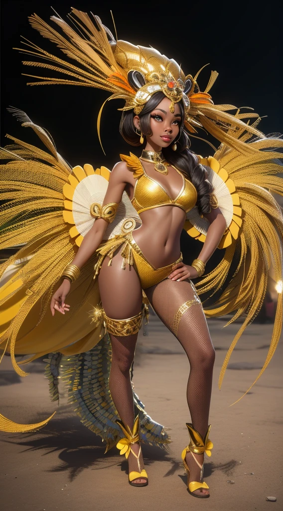 (Ultimate beautiful dark skinned woman、Plump figure) Age 25, Detailed facial features, Lip details, Big eyes with double eyelids (1.4), Full of smiles, smile、(((Stiletto heels、Very tall、The whole body is visible、A large hair ornament with many bird feathers、Confetti)))、Big and ample breasts, prominent thighs, (((big diamond earrings、Samba Carnival Costumes、Gorgeous sequined outfit、Gold Costume、Attention to detail in the costumes、Very extreme costume、Skin-revealing clothing、Micro bikini type costume)))、 Perfect Image Realism, Rio Carnival Street、 Detailed costume, Perfect lighting, Hyperrealism,