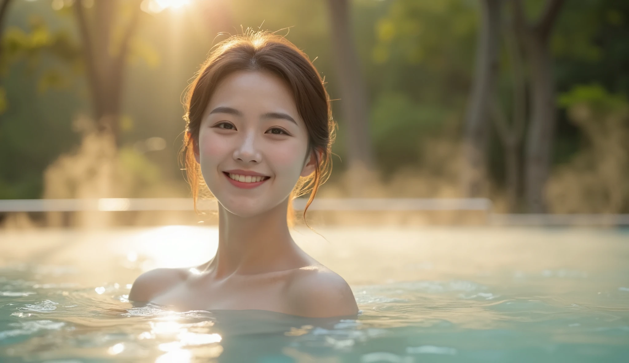  A beautiful Asian woman is soaking in the onsen Yurari hot spring. She smiles warmly, which adds to her bright appearance,