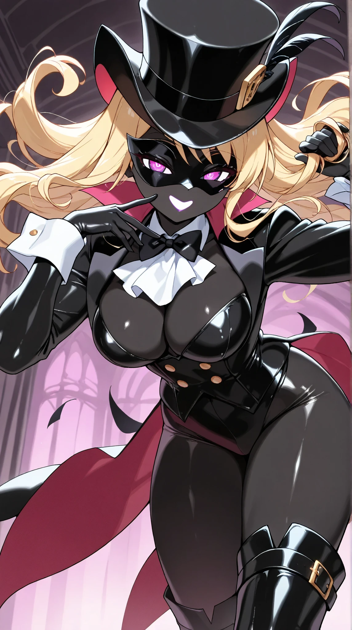  a woman with a black body ,1 person:1.3,(masterpiece:1.3, top quality :1.3, very detailed depiction:1.3, incredible high definition :1.3,High quality anime drawings),(Bewitching Female Phantom Thief :1.3),(Sexy Female Phantom Thief Outfit, tuxedo,Gentleman&#39;s hat, covers her eyes with a black venetian mask:1.3,latex, luxury accessories , black tights, boots),( black skin:1.5,Black Skin,Blonde,Glowing purple eyes, half-closed eyes:1.3,Swirling Eyes ,Does not depict a mouth :1.5, slender figure, bewitching smile,Glossy lipstick, flashy makeup,Seductive gestures,Beautiful legs, healthy legs,Curvaceous Body,High quality skin),Fall, dynamic images ,