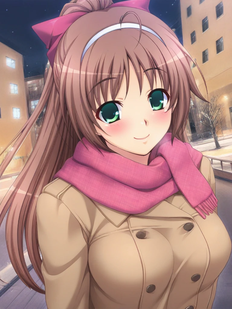 masterpiece, best quality, MomoseAyumu, 1girl, solo, long hair, brown hair, green eyes, large breasts, hairband, ahoge, ponytail, smile, happy, blush, Trench Coat and Scarf, Cute and warm clothes, cold winter night, cinematic angle,