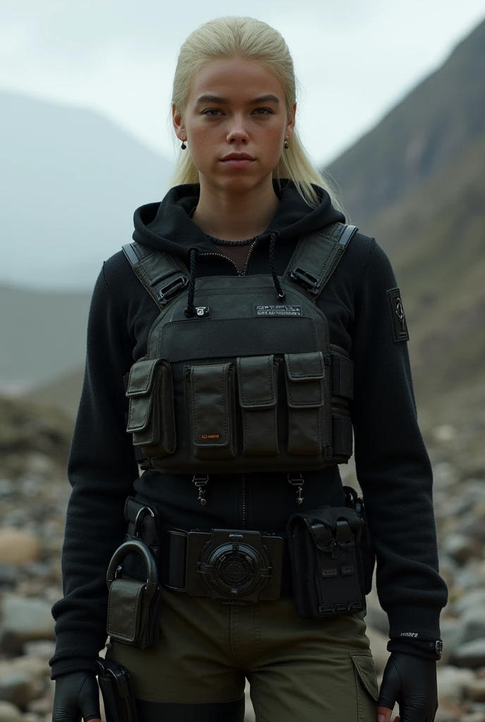 Milly alcock, blonde ponytail, black wool zip-up pullover, bulletproof plate carrier vest, fingerless gloves, ghost recon wildlands 